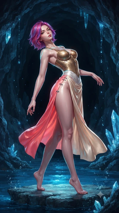score_9, masterpiece, best quality, ultra-detailed, high-budget anime keyframe, editorial fashion photography, tasteful artistic composition, Caucasian woman. low angle full-body shot from head to toe showing her feet, filling the entire 9:16 vertica