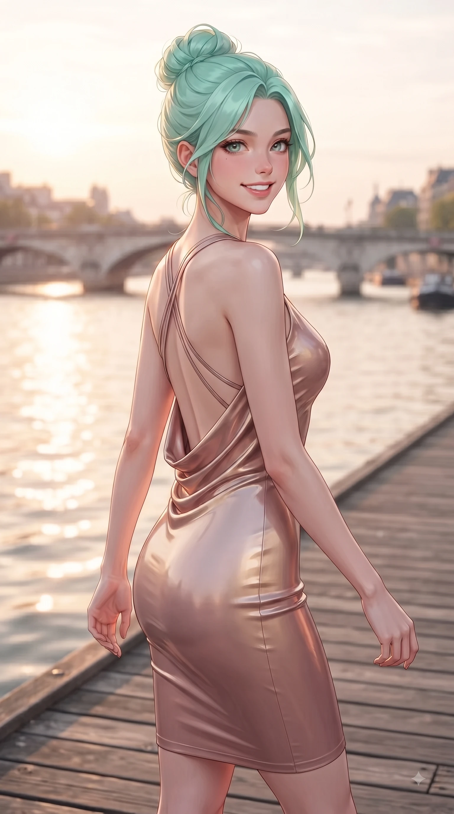 score_9, masterpiece, best quality, ultra-detailed, high-budget anime keyframe, editorial fashion photography, tasteful artistic composition, Japanese woman. close-up cowboy shot from the waist and thighs up, the character dominates the composition, filling the frame with her large presence, background elements kept in soft focus. Youthful bright smile exuding pure cute charm and fresh energy, her torso turning dynamically into the lens while walking across a wooden river pier as golden hour sunbursts reflect off calm water, warm rose-gold and amber sunset light reflecting off calm river waters and city bridges. She has an exceptionally elegant, slender, and willowy female figure with an ultra-slim waist, a gracefully sculpted slender torso, and a refined silhouette. sharp v-shaped jawline, high-bridge nose, intricate jewel-like eyes with depth, thick eyelashes, glossy lips with a natural sheen, flawlessly proportioned anatomical accuracy, natural body alignment, perfectly sculpted elegant limbs, clean dynamic posture without body distortion. wearing a precision-fitted liquid jersey bodycon dress with a graceful draped back in dusty rose and champagne gold, tailored from high-gloss patent leather, complemented by criss-cross back straps highlighting her bare shoulders, the elegant draped fit framing her graceful clavicle and slender torso. illuminated by soft glowing sunset reflections with cheerful golden rim lights. ultra-reflective glossy finish, specular highlights, metallic sheen, high-contrast stereoscopic depth, volumetric dynamic lighting, 2k, ultra detail, master piece, 9:16 ratio