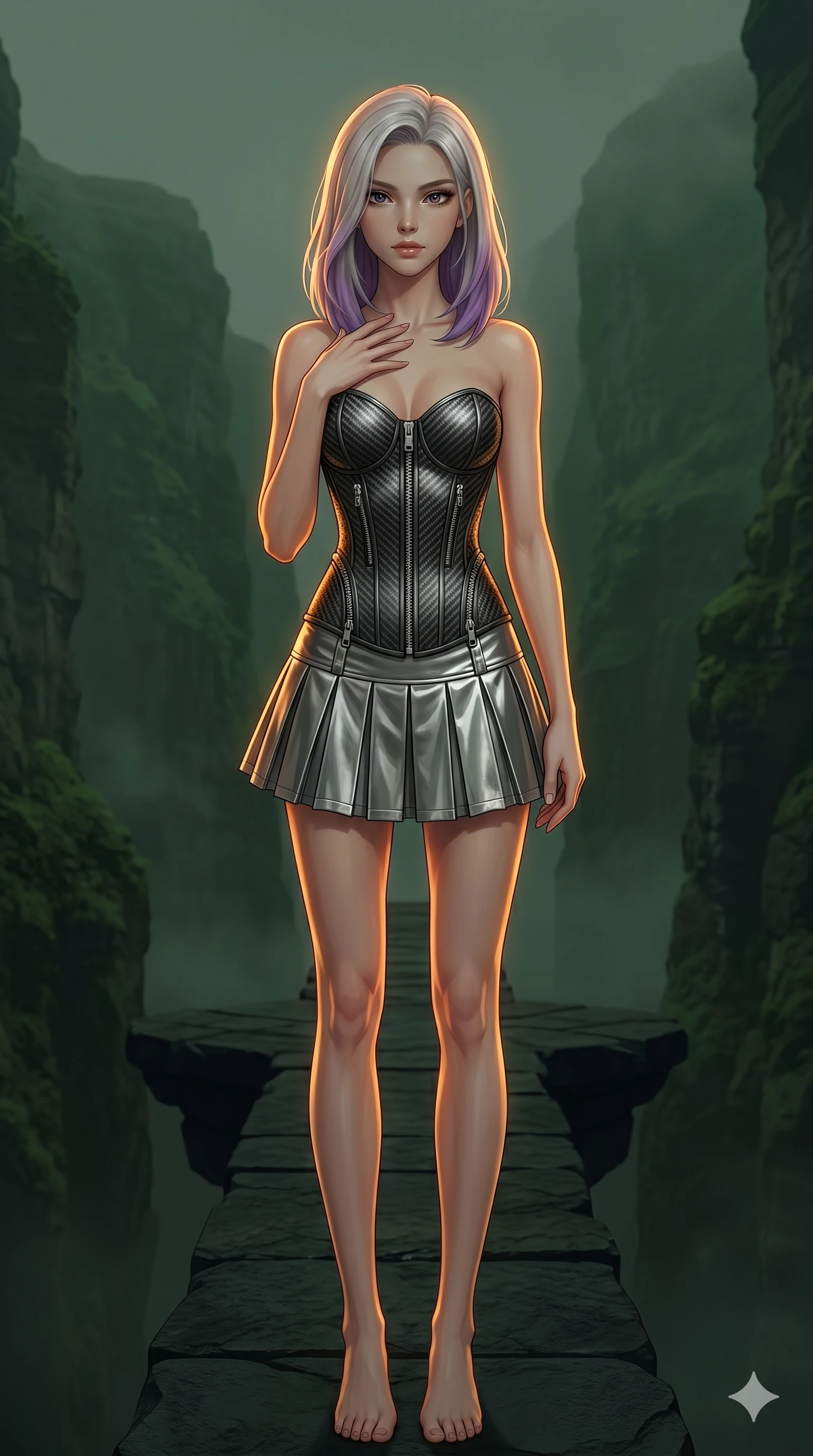 score_9, masterpiece, best quality, ultra-detailed, high-budget anime keyframe, editorial fashion photography, tasteful artistic composition, Caucasian woman, strictly human ears. cowboy shot from the thighs up, character and outfit filling the frame for maximum editorial presence. Pressing one hand lightly to her collarbone in a composed gesture on a floating bridge of dark stone connecting two cliffs in a misty green canyon. She has an absolutely perfect 8-heads proportion, an exceptionally tall and slender female figure with impossibly long slender legs and an ultra-slim waist. V-shaped jawline, high-bridge nose, intricate jewel-like eyes with depth, thick eyelashes, glossy lips with a natural sheen. wearing a carbon-fiber textured structured corset with silver zippers, paired with a pleated metallic silver mini combat skirt. drenched in warm amber cinematic rim lighting that traces every contour of her silhouette against a dark background. 2k, ultra detail, master piece, 9:16 ratio
