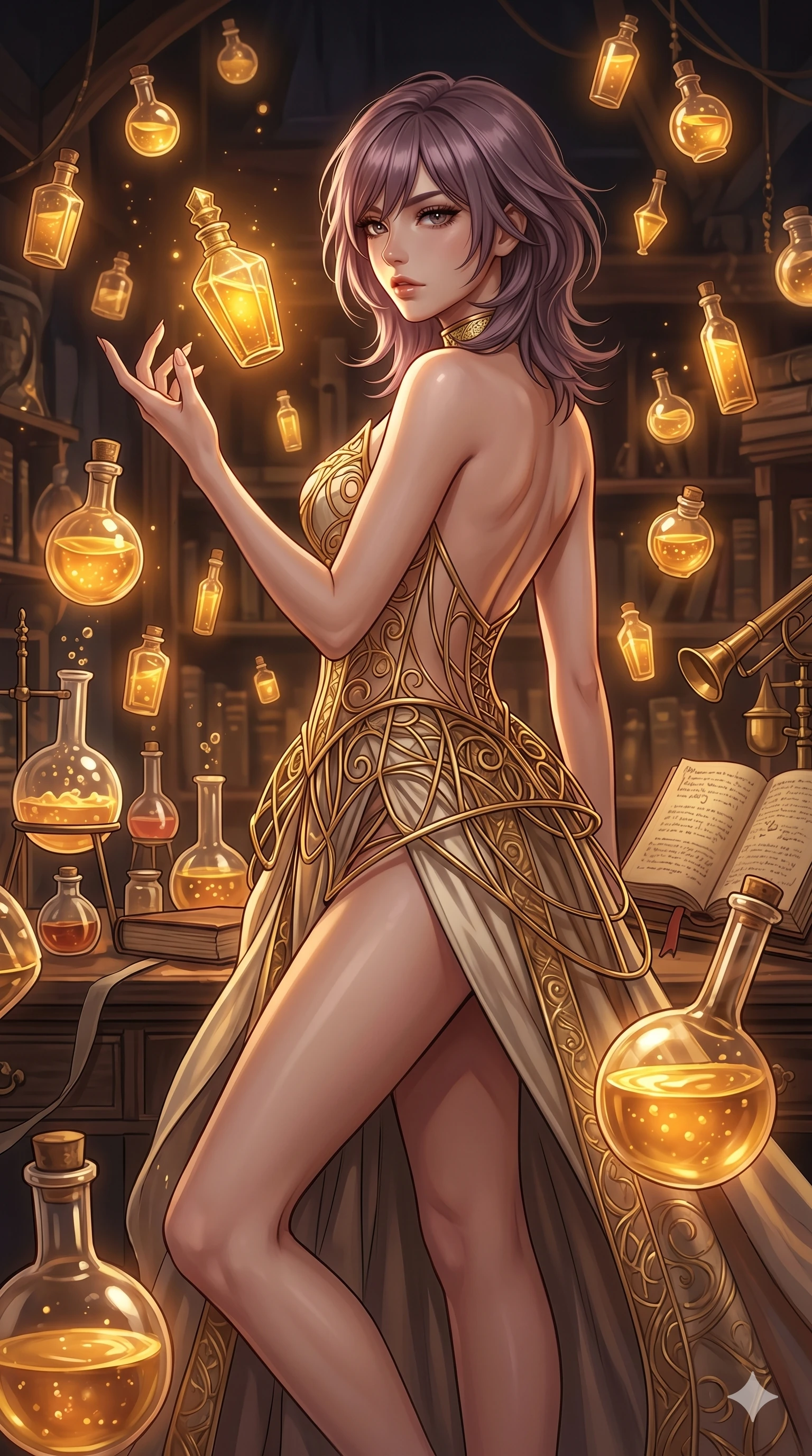 score_9, masterpiece, best quality, ultra-detailed, high-budget anime keyframe, editorial fashion photography, tasteful artistic composition, Japanese woman. cowboy shot from the thighs up, character and outfit filling the frame for maximum editorial presence. gazing at a floating golden elixir bottle, her expression composed and powerful inside an alchemical workshop filled with floating golden potion bottles (Code-P16-108). She has an absolutely perfect 8-heads proportion, an exceptionally tall and slender female figure with impossibly long slender legs and an ultra-slim waist. V-shaped jawline, high-bridge nose, intricate jewel-like eyes with depth, thick eyelashes, glossy lips with a natural sheen. wearing a structured gold wire corset over a bare back design, showing her elegant clavicle lines. warm amber and gold light radiating from the potions, casting rich shadows on her face. 2k, ultra detail, master piece, 9:16 ratio