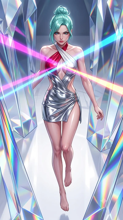 score_9, masterpiece, best quality, ultra-detailed, high-budget anime keyframe, semi-realistic 3D game render, editorial fashion photography, tasteful artistic composition, Japanese woman. low angle full-body shot from head to toe showing her feet, f