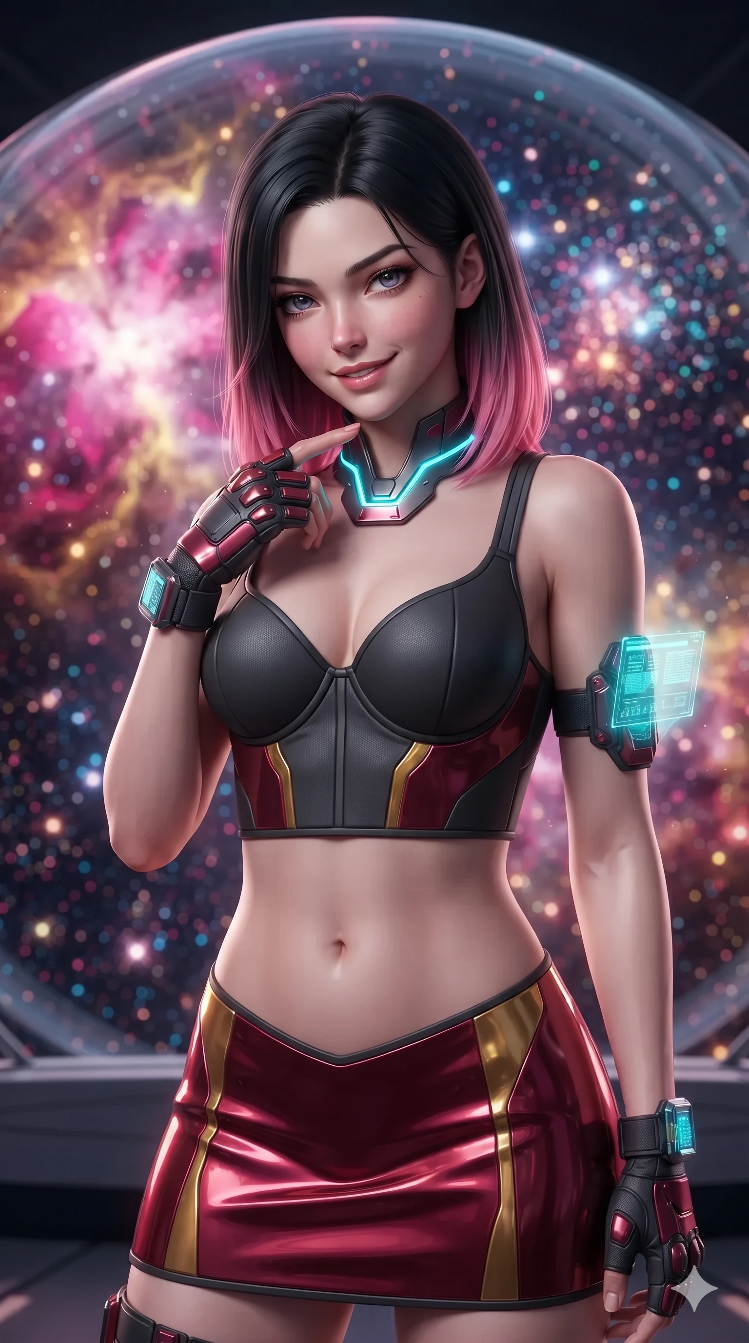 score_9, masterpiece, best quality, ultra-detailed, high-budget anime keyframe, editorial fashion photography, tasteful artistic composition, Korean woman. close-up cowboy shot from the waist and thighs up, the character dominates the composition, filling the frame with her large presence. tilting her head with a teasing half-smile, running one finger slowly along her glowing comm-link collar in a flirtatious gesture while standing poised in the center of the transparent hemispherical observation dome, arching her spine with ethereal siren poise as vibrant magenta and gold emission nebulae surround her. The background shows a soft-focus vibrant magenta, peach, and gold stellar gas clouds, dense diamond star clusters, and dark dust filaments blurred into rose-gold, diamond, and indigo bokeh. She has an exceptionally elegant, slender, and willowy female figure with an ultra-slim waist, flat toned midriff, narrow ribcage, and sculpted feminine hips creating an alluring, slim hourglass silhouette without bulk. sharp v-shaped jawline, high-bridge nose, intricate jewel-like sparkling eyes with depth, thick eyelashes, glossy parted lips with a natural sheen, bright confident smile with an enchanting and coquettish sensual glint, exuding both youthful magnetic charm and sovereign high-tech allure, flawlessly proportioned anatomical accuracy, strict slender model proportions, natural body alignment, perfectly sculpted long slender limbs, ultra-slim waistline, clean dynamic posture without body distortion. wearing a sculpted matte carbon underwire crop bustier with lace-up side ties paired with a low-rise micro skirt in relativistic crimson and blazing accretion gold, tailored from ultra-reflective glossy liquid vinyl with mirror-like specular highlights, complemented by fingerless armored tactical gloves and a glowing holographic wrist terminal, the bespoke structured tailoring following the natural line of her 8.5-heads silhouette with refined elegance. illuminated by dome floor bounce and sharp rose-gold rim lights defining her razor-sharp jawline, narrow waist, and curvy hips. ultra-reflective glossy finish, specular highlights, rich textural contrasts, high-contrast stereoscopic depth, volumetric dynamic lighting, 2k, ultra detail, master piece, 9:16 ratio