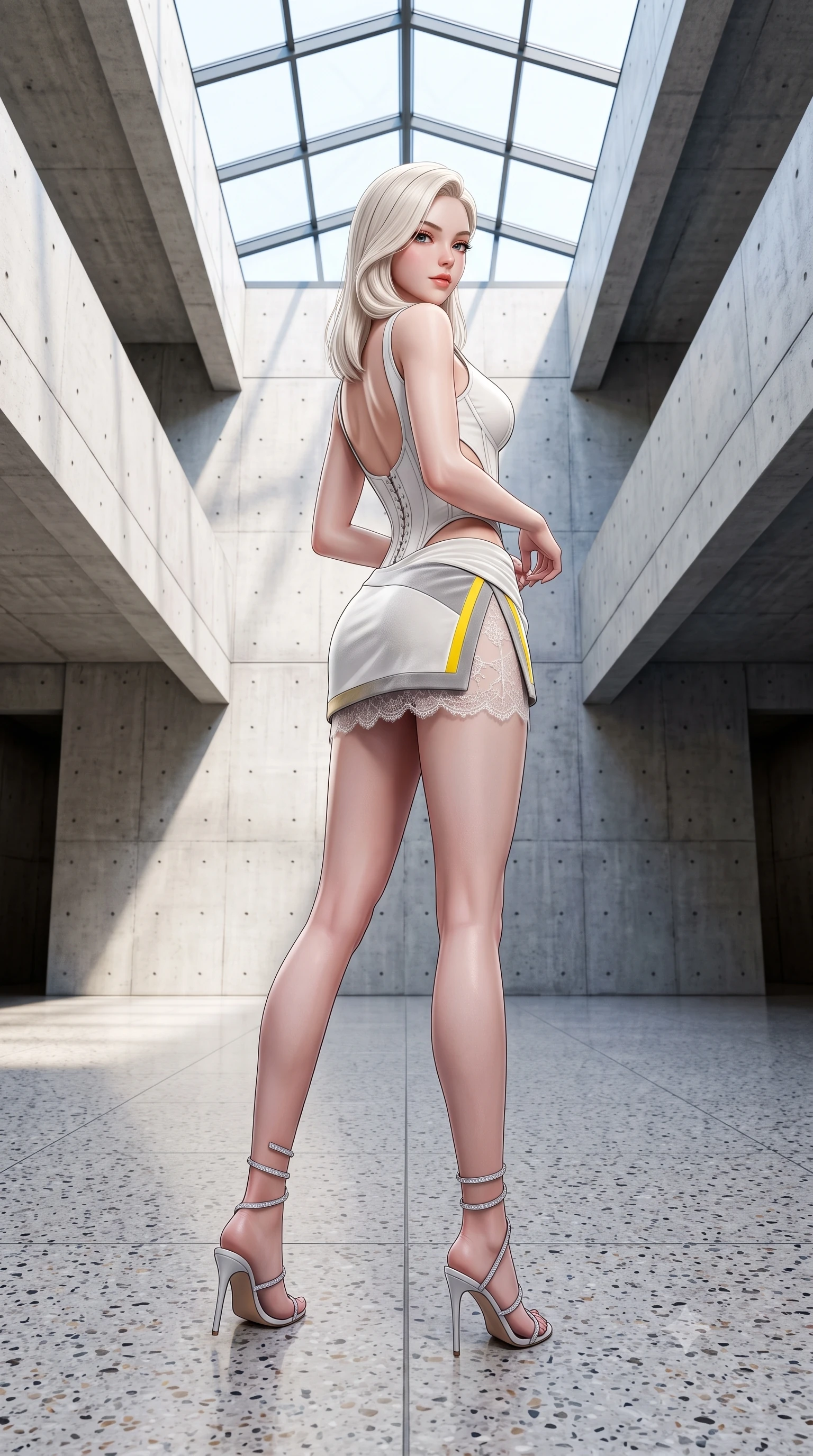score_9, masterpiece, best quality, ultra-detailed, high-budget anime keyframe, semi-realistic 3D game render, editorial fashion photography, tasteful artistic composition, Caucasian woman. low angle full-body shot from head to toe showing her feet, filling the entire 9:16 vertical frame with her statuesque presence, stretching her vertical silhouette. executing a slow, graceful pivot turn as her skirt sways around her slender legs, glancing back with an enchanting, teasing sensual expression while standing centered in the monumental exposed concrete atrium, arching her back with sculptural supermodel presence and razor-sharp gaze. The surrounding environment is rendered in vivid detail and crisp panoramic clarity: sharp board-formed concrete tie-hole textures, polished terrazzo floor aggregate, and glass skylight mullions in deep focus. She has an absolutely perfect, statuesque 8.5-heads proportion, an exceptionally tall and slender model-like female figure with impossibly long slender legs, an ultra-slim waist, a flat toned midriff, narrow delicate ribcage, and beautifully sculpted feminine hips creating a graceful, slim hourglass silhouette without any bulky heaviness. sharp v-shaped jawline, high-bridge nose, sparkling eyes with hypnotic seductive depth, thick curled eyelashes, glossy parted lips with a natural dewy peach sheen, alluring bedroom-eyes with an enchanting coquettish smile, exuding magnetic siren charisma and sophisticated glamour, flawlessly proportioned anatomical accuracy, strict slender model proportions, natural body alignment, perfectly sculpted long slender limbs, ultra-slim waistline, clean dynamic posture without body distortion. wearing a structured Victorian boned leatherette corset bodice paired with an ultra-short micro-wrap velvet mini skirt in Bauhaus optic white and concrete grey with primary yellow accents, made of delicate semi-sheer French Chantilly lace with intricate eyelash edges, complemented by strappy stiletto sandals with crystal ankle wraps accentuating her slender calves, the precision-cut side openings and low-back scoop framing her graceful spine and the sensual sweep of her slim, toned hips. bathed in intense crisp neutral 5500K daylight flooding directly down from the overhead glass skylight. highly saturated vibrant anime colors, detailed shading with soft gradients, rich glossy textures, high-contrast stereoscopic depth, volumetric dynamic lighting, master piece, 9:16 ratio