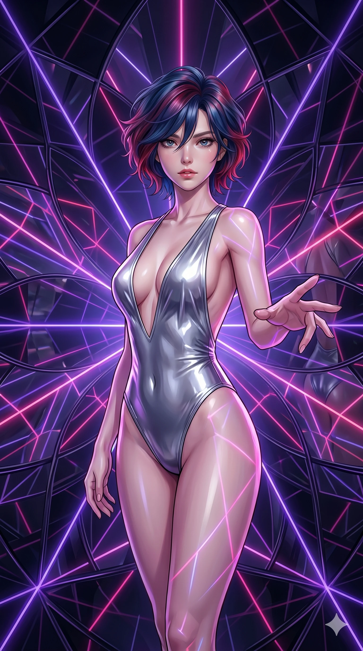 score_9, masterpiece, best quality, ultra-detailed, high-budget anime keyframe, editorial fashion photography, tasteful artistic composition, Korean woman. cowboy shot from the thighs up, character and outfit filling the frame for maximum editorial presence. reaching one hand toward the viewer with relaxed elegance, her eyes filled with quiet magnetic intensity in a rotating digital kaleidoscope chamber with mirror petals (Code-P16-003). She has an absolutely perfect 8-heads proportion, an exceptionally tall and slender female figure with impossibly long slender legs and an ultra-slim waist. V-shaped jawline, high-bridge nose, intricate jewel-like eyes with depth, thick eyelashes, glossy lips with a natural sheen. wearing a sleek liquid-mercury silver bodysuit with a bold plunging neckline and an open-back design. surrounded by laser lines of violet and hot pink reflecting off the mirror walls, casting geometric neon highlights. 2k, ultra detail, master piece, 9:16 ratio