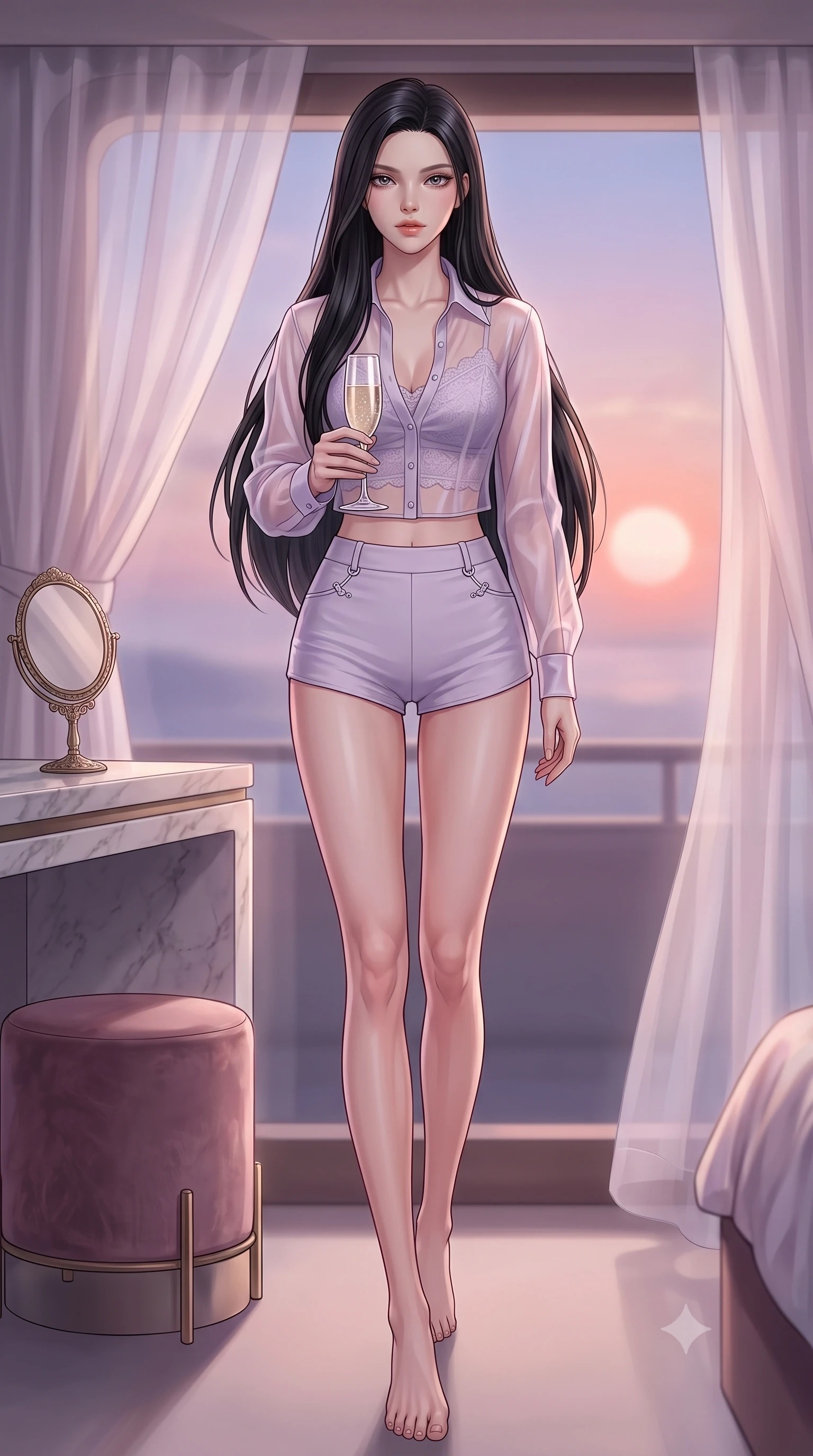 score_9, masterpiece, best quality, ultra-detailed, high-budget anime keyframe, editorial fashion photography, tasteful artistic composition, Korean woman. low angle full-body shot from head to toe showing her feet, filling the entire 9:16 vertical frame with her statuesque presence, stretching her vertical silhouette. stepping gracefully across the floor, her statuesque posture highlighting her slender waist while holding a crystal champagne glass set against a soft-focus background of inside an exclusive yacht cabin with a velvet-wrapped stool and an antique hand mirror resting on a marble counter. She has an absolutely perfect, statuesque 8.5-heads proportion, an exceptionally tall and slender model-like female figure with impossibly long slender legs and an ultra-slim waist. sharp v-shaped jawline, high-bridge nose, intricate jewel-like eyes with depth, thick eyelashes, glossy lips with a natural sheen. wearing slim-fit pale lavender sheer organza sheer organza button-up shirt worn over a lace-accented crop top and high-cut mini shorts accented with delicate silver hardware. softened by diffused twilight glow filtering through sheer chiffon window curtains. highly saturated vibrant anime colors, detailed shading with soft gradients, rich glossy textures, high-contrast stereoscopic depth, volumetric dynamic lighting, master piece, 9:16 ratio