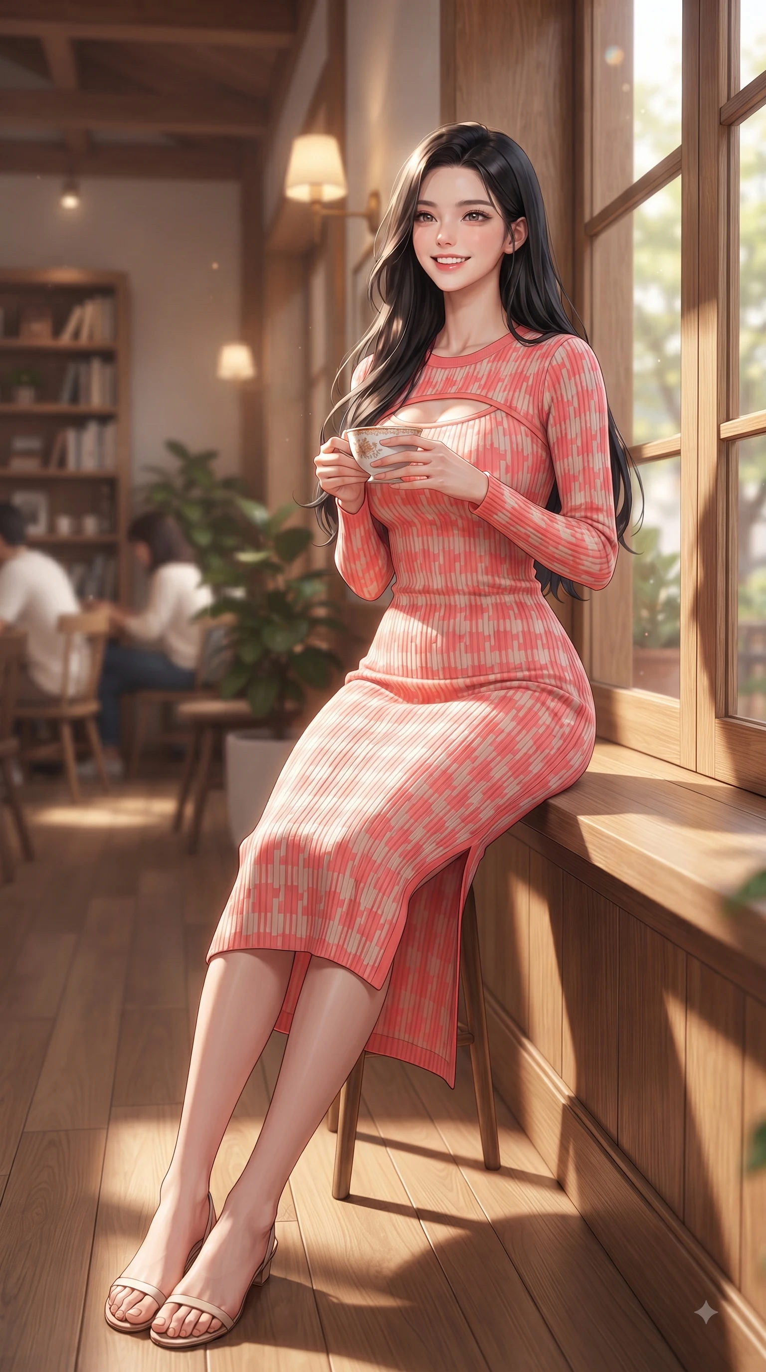 score_9, masterpiece, best quality, ultra-detailed, high-budget anime keyframe, editorial fashion photography, tasteful artistic composition, Korean woman. low angle full-body shot from head to toe showing her feet, filling the entire 9:16 vertical frame with her statuesque presence, stretching her vertical silhouette. performing a cheerful mid-motion turn with flawless poise, her radiant smile capturing fresh girlhood energy while sitting by a sunlit wooden window inside a cozy cafe, holding a porcelain coffee cup. The composition keeps background elements in soft focus with dreamy bokeh. warm oak wood interiors and soft indoor ambient lamps blurred into cozy, creamy bokeh. She has an absolutely perfect, statuesque 8.5-heads proportion, an exceptionally tall and slender model-like female figure with impossibly long slender legs and an ultra-slim waist. sharp v-shaped jawline, high-bridge nose, intricate jewel-like eyes with depth, thick eyelashes, glossy lips with a natural sheen, flawlessly proportioned anatomical accuracy, natural body alignment, perfectly sculpted elegant limbs, clean dynamic posture without body distortion. wearing a form-fitting ribbed knit midi dress with a tasteful side leg slit in vibrant coral pink and pure ivory, made of premium stretch jersey that follows her curves like a glove, accented with a Tasteful chest slit framing her clavicle gracefully, the glove-like fit emphasizing her statuesque silhouette during motion. surrounded by a cozy, intimate, and relaxing cafe atmosphere. ultra-reflective glossy finish, specular highlights, metallic sheen, high-contrast stereoscopic depth, volumetric dynamic lighting, 2k, ultra detail, master piece, 9:16 ratio