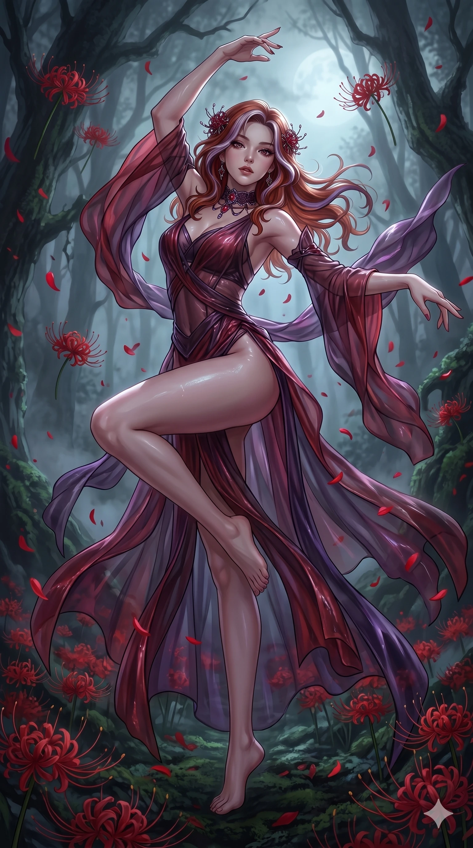 score_9, masterpiece, best quality, ultra-detailed, High-budget Anime Keyframe, East Asian woman. Low angle cowboy shot filling the entire 9:16 frame with her statuesque presence. Scenario 25: Dancing amidst falling red spider lilies in a misty dark forest. Her presence is magnetic and overpowering in this high-budget anime scene. Outfit 25: A sheer organza bare with a high-cut leg line and wet-look texture. The clothing is designed to emphasize her exceptionally tall and slender 8-heads proportion. 8-heads proportion, towering silhouette, ultra-slim waist. sharp v-shaped jawline, intricate jewel-like eyes with depth, thick eyelashes, glossy lips. 2k, ultra detail, master piece, 9:16 ratio