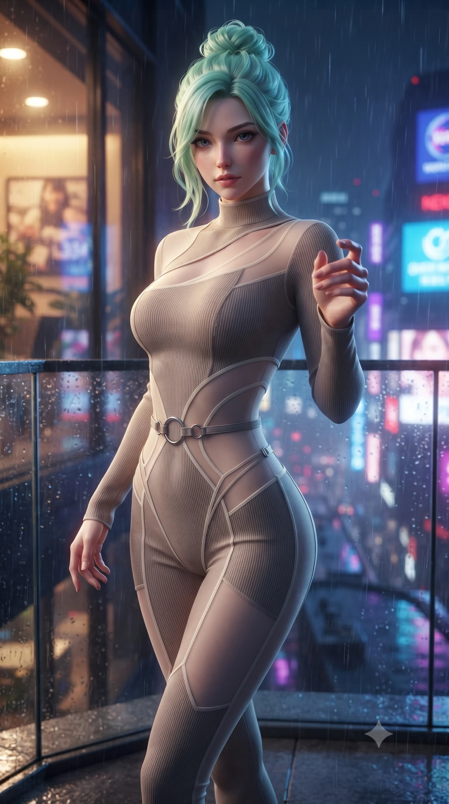 score_9, masterpiece, best quality, ultra-detailed, high-budget anime keyframe, editorial fashion photography, tasteful artistic composition, Japanese woman. close-up cowboy shot from the waist and thighs up, the character dominates the composition, filling the frame with her large presence, background elements kept in soft focus. Reaching her hand gracefully toward the camera with magnetic allure, her torso turning in a dynamic S-curve alignment while standing dynamically on the glass ledge of a 100th-floor rooftop during a neon rainstorm, wet glass surfaces casting glossy specular highlights from surrounding billboards. She has an exceptionally elegant, slender, and willowy female figure with an ultra-slim waist, a gracefully sculpted slender torso, and a refined silhouette. sharp v-shaped jawline, high-bridge nose, intricate jewel-like eyes with depth, thick eyelashes, glossy lips with a natural sheen, flawlessly proportioned anatomical accuracy, natural body alignment, perfectly sculpted elegant limbs, clean dynamic posture without body distortion. wearing a form-fitting ribbed activewear set with elegant collar cutouts in muted taupe and soft ivory, woven from fine semi-opaque sheer organza, accented with delicate chrome ring hardware framing her waist, the form-contouring material highlighting her ultra-slim waist and long lines. illuminated by warm indoor golden light and cool rainy blue neon rim light. ultra-reflective glossy finish, specular highlights, metallic sheen, high-contrast stereoscopic depth, volumetric dynamic lighting, 2k, ultra detail, master piece, 9:16 ratio