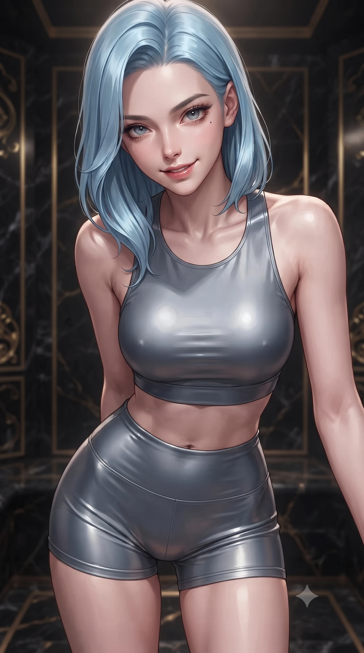 score_9, masterpiece, best quality, ultra-detailed, high-budget anime keyframe, editorial fashion photography, tasteful artistic composition, Korean woman woman. close-up cowboy shot from the waist and thighs up, the character dominates the composition, filling the frame with her large presence, background elements kept in soft focus. leaning slightly forward with a playful, teasing smile, her gaze locked onto the viewer the background shows a soft-focus a private steam room built of dark obsidian stone with gold accents. She has an exceptionally elegant, slender, and willowy female figure with an ultra-slim waist, a gracefully sculpted slender torso, and a refined silhouette. sharp v-shaped jawline, high-bridge nose, intricate jewel-like eyes with depth, thick eyelashes, glossy lips with a natural sheen. wearing a body-hugging body-hugging athletic crop top and high-waisted shorts set in slate grey. dramatic chiaroscuro lighting focusing on her athletic, slender build. ultra-reflective glossy finish, specular highlights, metallic sheen, high-contrast stereoscopic depth, volumetric dynamic lighting, 2k, ultra detail, master piece, 9:16 ratio