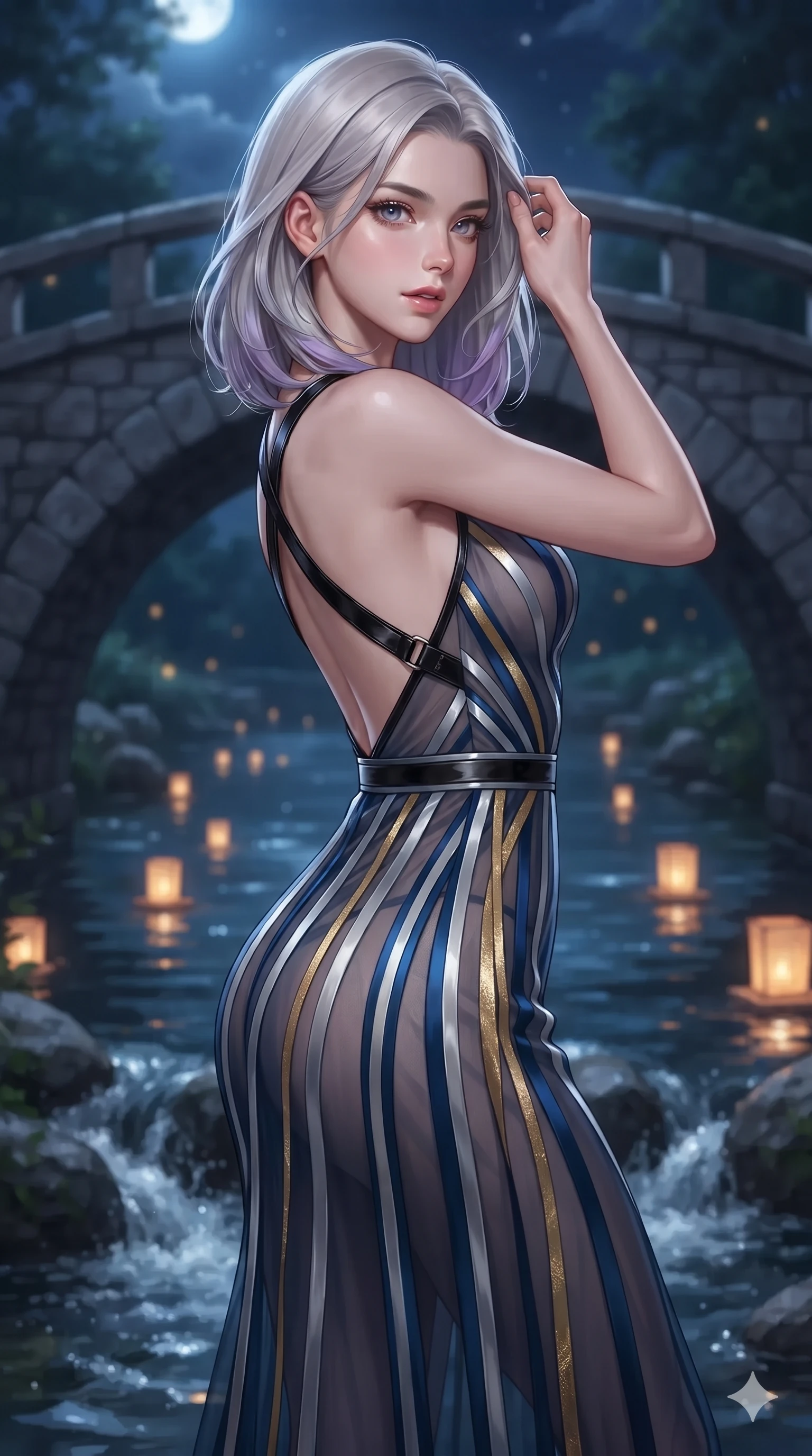 score_9, masterpiece, best quality, ultra-detailed, high-budget anime keyframe, editorial fashion photography, tasteful artistic composition, Caucasian woman. close-up cowboy shot from the waist and thighs up, the character dominates the composition, filling the frame with her large presence. gently brushing a lock of silk hair behind her ear while casting a playful, flirtatious side-gaze with long eyelashes while standing poised on the arched granite bridge above the bubbling stream, arching her back with breathless fairy-tale allure. The background shows a soft-focus historic arched stone bridge softened in idyllic nocturnal river shallow focus. She has an exceptionally elegant, slender, and willowy female figure with an ultra-slim waist, flat toned midriff, narrow ribcage, and sculpted feminine hips creating an alluring, slim hourglass silhouette without bulk. sharp v-shaped jawline, high-bridge nose, sparkling eyes with hypnotic seductive depth, thick curled eyelashes, glossy parted lips with a natural dewy peach sheen, alluring bedroom-eyes with an enchanting coquettish smile, exuding magnetic siren charisma and sophisticated glamour, flawlessly proportioned anatomical accuracy, strict slender model proportions, natural body alignment, perfectly sculpted long slender limbs, ultra-slim waistline, clean dynamic posture without body distortion. wearing a plunge-front sheer illusion tulle slip dress with liquid platinum ribbon stripes and silk otgoreum ties hugging her curves in deep ocean cobalt and shimmering gold leaf, tailored from heavy double-faced silk faille with an exceptionally fluid drape, featuring an open-back criss-cross harness strap in patent black leather, the glove-like clinging cut tightly following the natural contour of her hips and long slender legs with youthful 8.5-heads elegance. bathed in radiant celestial moonlight combined with floating candle lantern glows from the stream. ultra-reflective glossy finish, specular highlights, rich textural contrasts, high-contrast stereoscopic depth, volumetric dynamic lighting, 2k, ultra detail, master piece, 9:16 ratio