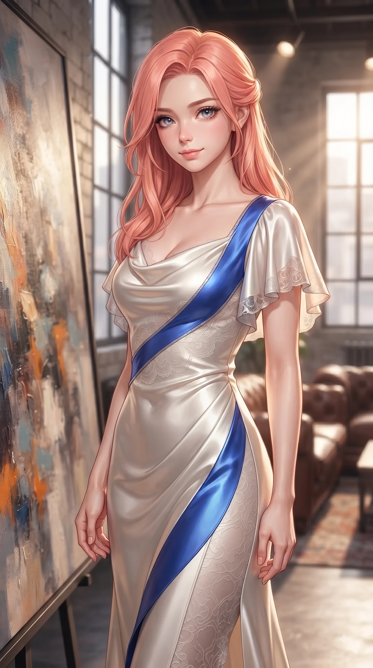 score_9, masterpiece, best quality, ultra-detailed, high-budget anime keyframe, editorial fashion photography, tasteful artistic composition, Japanese woman. close-up cowboy shot from the waist and thighs up, the character dominates the composition, filling the frame with her large presence. Pure innocent expression with clear crystalline eyes, a gentle tender smile, and an airy serene aura while pausing dramatically near a large abstract oil painting with a magnetic editorial gaze. The composition keeps background elements in soft focus with dreamy bokeh. vintage leather furnishings and soft gallery spotlights softened by shallow focus. She has an exceptionally elegant, slender, and willowy female figure with an ultra-slim waist, a gracefully sculpted slender torso, and a refined silhouette. sharp v-shaped jawline, high-bridge nose, intricate jewel-like eyes with depth, thick eyelashes, glossy lips with a natural sheen, flawlessly proportioned anatomical accuracy, natural body alignment, perfectly sculpted elegant limbs, clean dynamic posture without body distortion. wearing an elegant ivory silk cowl-neck dress with fluid draped lines in electric cobalt blue and polished silver accent, made of fine lace weave and soft satin jersey, featuring elegant flutter sleeves and a graceful square neckline, the tailored fit highlighting her statuesque and model-like silhouette. bathed in warm volumetric sunbeams filtering through tall industrial windows. ultra-reflective glossy finish, specular highlights, metallic sheen, high-contrast stereoscopic depth, volumetric dynamic lighting, 2k, ultra detail, master piece, 9:16 ratio