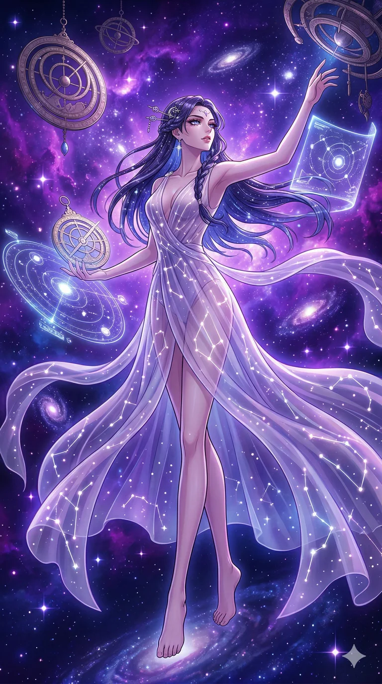 score_9, masterpiece, best quality, ultra-detailed, high-budget anime keyframe, an incredibly beautiful Japanese woman. Full-body shot stretching the vertical silhouette, dominating the 9:16 frame. She is a celestial navigator charting the stars. She has an absolutely perfect 8-heads proportion, an exceptionally tall and slender female figure with impossibly long slender legs and an ultra-slim waist. Her face is a highly detailed masterpiece featuring a sharp v-shaped jawline, high-bridge nose, intricate jewel-like eyes, thick eyelashes, and glossy lips. She is wearing a sheer fabric gown adorned with glowing constellations. A breathtaking view of a vibrant purple nebula and floating astrolabes., 2k, ultra detail, master piece, 9:16 ratio