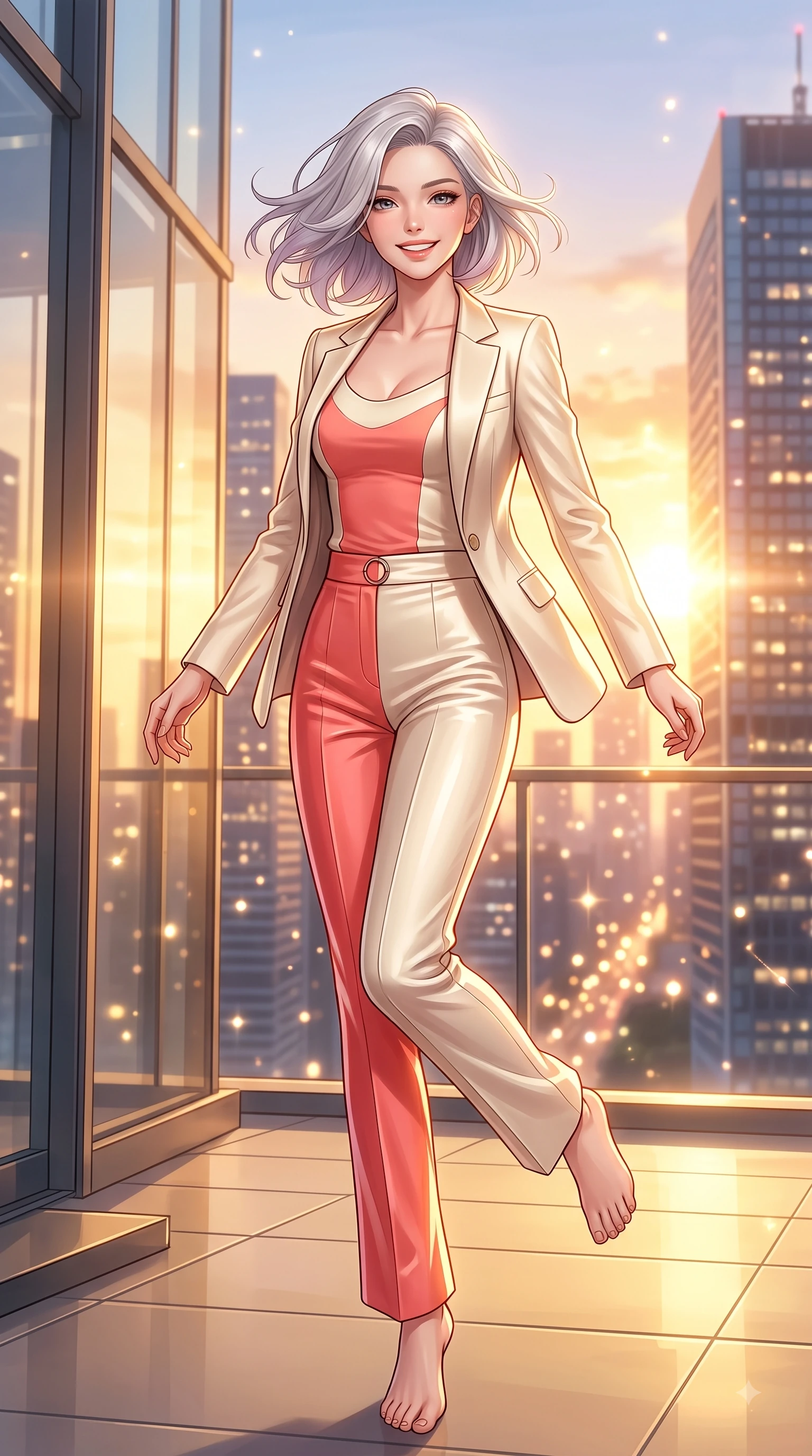 score_9, masterpiece, best quality, ultra-detailed, high-budget anime keyframe, editorial fashion photography, tasteful artistic composition, Caucasian woman. low angle full-body shot from head to toe showing her feet, filling the entire 9:16 vertical frame with her statuesque presence, stretching her vertical silhouette. performing a cheerful mid-motion turn with flawless poise, her radiant smile capturing fresh girlhood energy while walking down a sunlit rooftop deck as golden hour paints the modern urban towers. The composition keeps background elements in soft focus with dreamy bokeh. twinkling city tower lights and glowing sunset sky blurred into sparkling urban bokeh. She has an absolutely perfect, statuesque 8.5-heads proportion, an exceptionally tall and slender model-like female figure with impossibly long slender legs and an ultra-slim waist. sharp v-shaped jawline, high-bridge nose, intricate jewel-like eyes with depth, thick eyelashes, glossy lips with a natural sheen, flawlessly proportioned anatomical accuracy, natural body alignment, perfectly sculpted elegant limbs, clean dynamic posture without body distortion. wearing a tailored cream silk blazer over a fitted scoop-neck camisole and slacks in vibrant coral pink and pure ivory, made of lustrous stretch velvet, accented with subtle metallic ring hardware framing her waist, the sleek second-skin texture accentuating her magnetic presence. bathed in dramatic golden hour sunset glow and vibrant urban night lights. highly saturated vibrant anime colors, detailed shading with soft gradients, rich glossy textures, high-contrast stereoscopic depth, volumetric dynamic lighting, master piece, 9:16 ratio