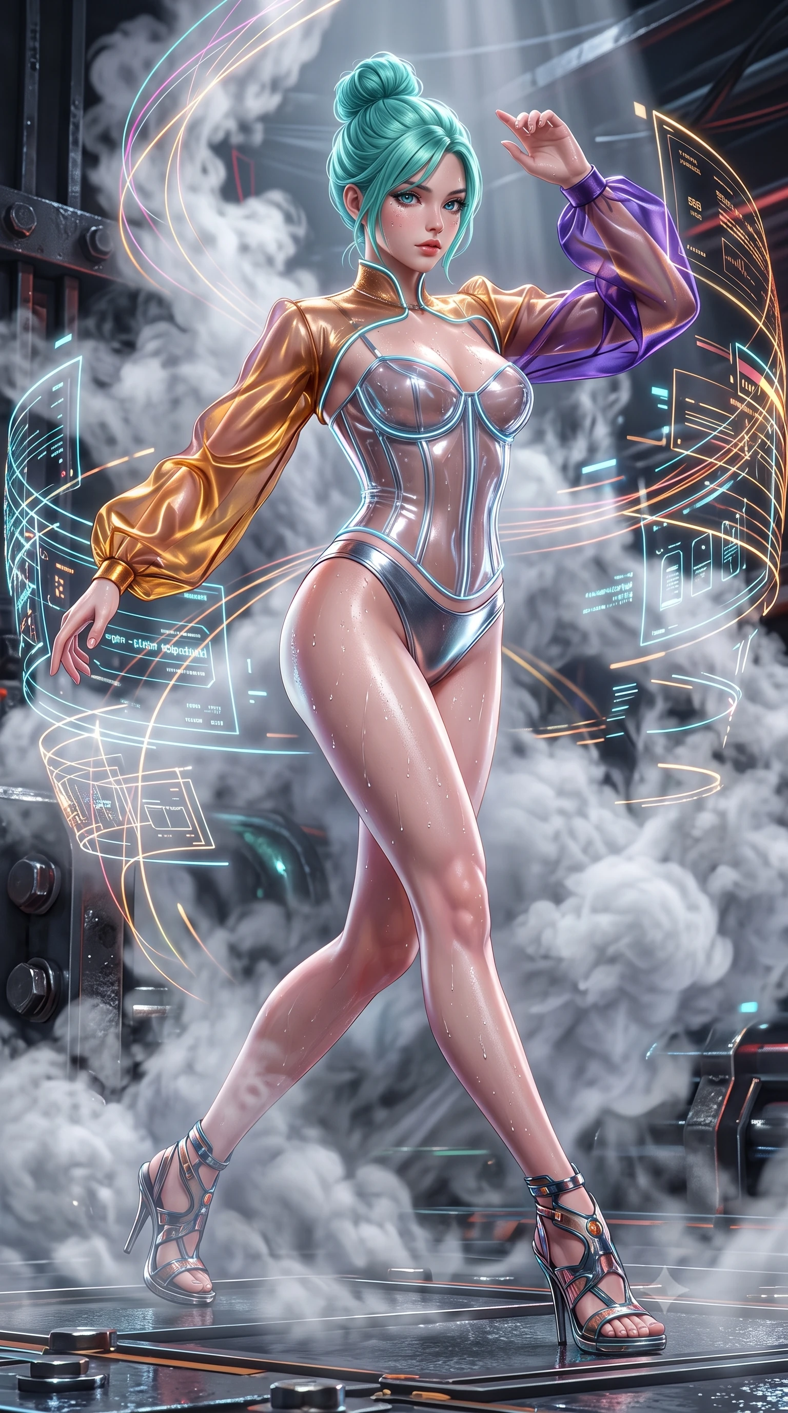 score_9, masterpiece, best quality, ultra-detailed, high-budget anime keyframe, semi-realistic 3D game render, editorial fashion photography, tasteful artistic composition, Japanese woman. low angle full-body shot from head to toe showing her feet, filling the entire 9:16 vertical frame with her statuesque presence, stretching her vertical silhouette. pivoting dynamically in mid-motion with a breathtakingly alluring posture, displaying her flawless model proportions and ultra-slim waist while twisting her body in a powerful athletic stance amidst swirling steam clouds and holographic fight brackets. The surrounding environment is rendered in vivid detail and crisp panoramic clarity. crisp water and sweat droplet beads, glowing holographic display elements, and heavy bolt details in high clarity. She has an absolutely perfect, statuesque 8.5-heads proportion, an exceptionally tall and slender model-like female figure with impossibly long slender legs and an ultra-slim waist. sharp v-shaped jawline, high-bridge nose, intricate jewel-like eyes with depth, thick eyelashes, glossy lips with a natural sheen, flawlessly proportioned anatomical accuracy, natural body alignment, perfectly sculpted elegant limbs, clean dynamic posture without body distortion. wearing a structured translucent cyber-corset paired with high-cut metallic bikini briefs and sheer organza sleeves in lustrous molten gold and pure deep violet, crafted from ultra-reflective second-skin latex with a glass-like polish, accented with glowing fiber-optic seams tracing her collarbones and hip curves, the sleek aerodynamic cut emphasizing her magnetic presence and alluring physical grace. illuminated by dense volumetric steam rays and high-contrast specular reflections on wet metal. highly saturated vibrant anime colors, detailed shading with soft gradients, rich glossy textures, high-contrast stereoscopic depth, volumetric dynamic lighting, master piece, 9:16 ratio