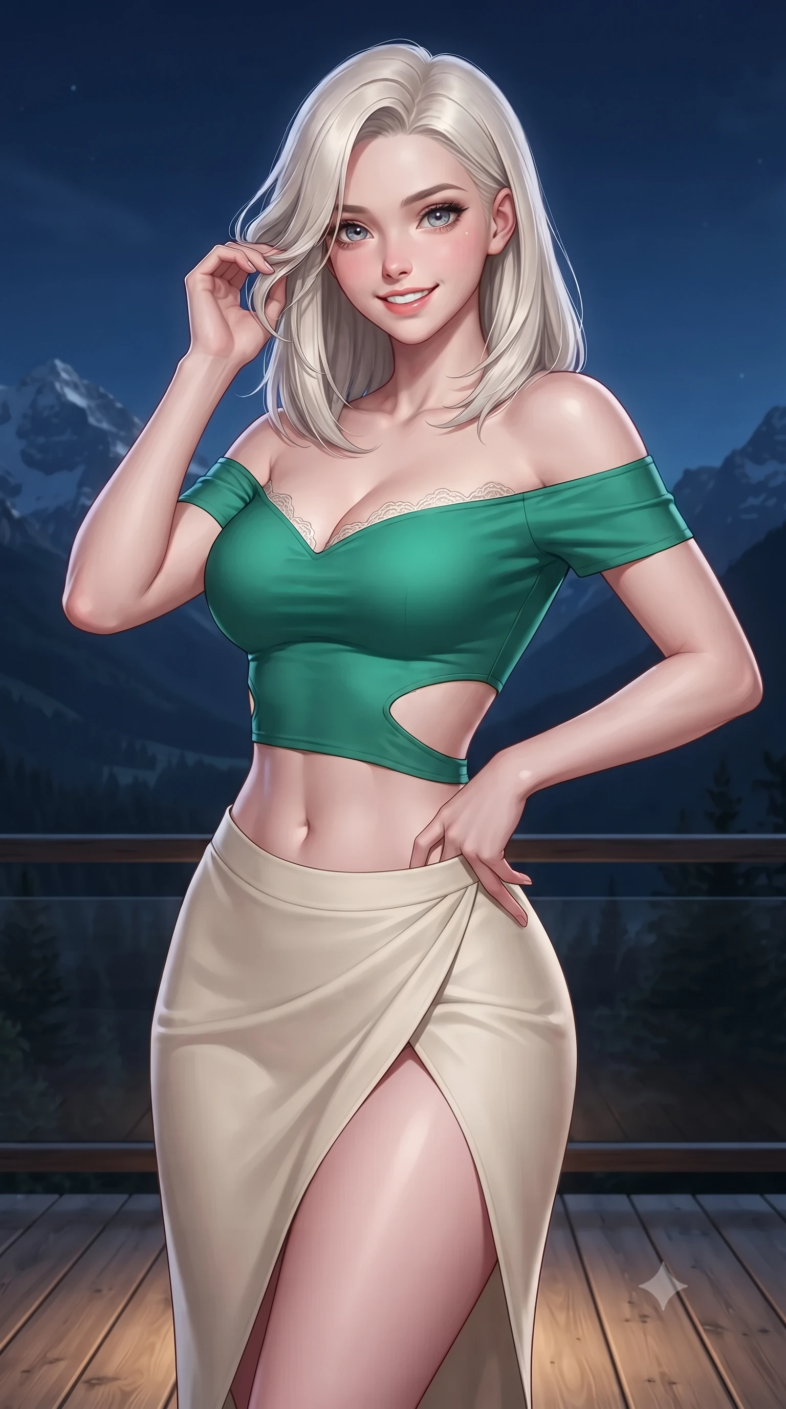 score_9, masterpiece, best quality, ultra-detailed, high-budget anime keyframe, editorial fashion photography, tasteful artistic composition, Caucasian woman. close-up cowboy shot from the waist and thighs up, the character dominates the composition, filling the frame with her large presence. twisting her slender torso in an alluring contrapposto stance, one hand resting on her sculpted hip while her fingers toy with her hair with effortless poise while twisting her slender torso in an alluring S-curve, midnight sunbeams and cool mountain air sculpting her silhouette and flat midriff. The surrounding environment is rendered in vivid detail and crisp panoramic clarity: detailed garment cut, bodycon tailoring, and master Nordic engineering in high resolution. She has an exceptionally elegant, slender, and willowy female figure with an ultra-slim waist, flat toned midriff, narrow ribcage, and sculpted feminine hips creating an alluring, slim hourglass silhouette without bulk. sharp v-shaped jawline, high-bridge nose, intricate jewel-like sparkling eyes with depth, thick eyelashes, glossy parted lips with a natural peach sheen, bright cheerful beaming smile with an enchanting and coquettish sensual glint, exuding both youthful cute charm and seductive allure, flawlessly proportioned anatomical accuracy, strict slender model proportions, natural body alignment, perfectly sculpted long slender limbs, ultra-slim waistline, clean dynamic posture without body distortion. wearing an alluring off-the-shoulder crop top with asymmetrical side-torso cutouts and a high-slit wrap skirt in Mayan cenote emerald jade and subterranean limestone cream, made of fluid liquid jersey with seamless sculpting hold and smooth contours, finished with scalloped eyelash lace trim framing her sweetheart neckline with intimate elegance, the liquid-tight tailored fabric clinging flawlessly to her narrow waist and rounded feminine hips, emphasizing every millimeter of her sculpted slim hourglass curves without any bulky heaviness. illuminated by timber deck reflection bounce and sharp gold-and-silver dual rim lights sculpting her jawline, narrow waist, and curvy hips. ultra-reflective glossy finish, specular highlights, rich textural contrasts, high-contrast stereoscopic depth, volumetric dynamic lighting, 2k, ultra detail, master piece, 9:16 ratio