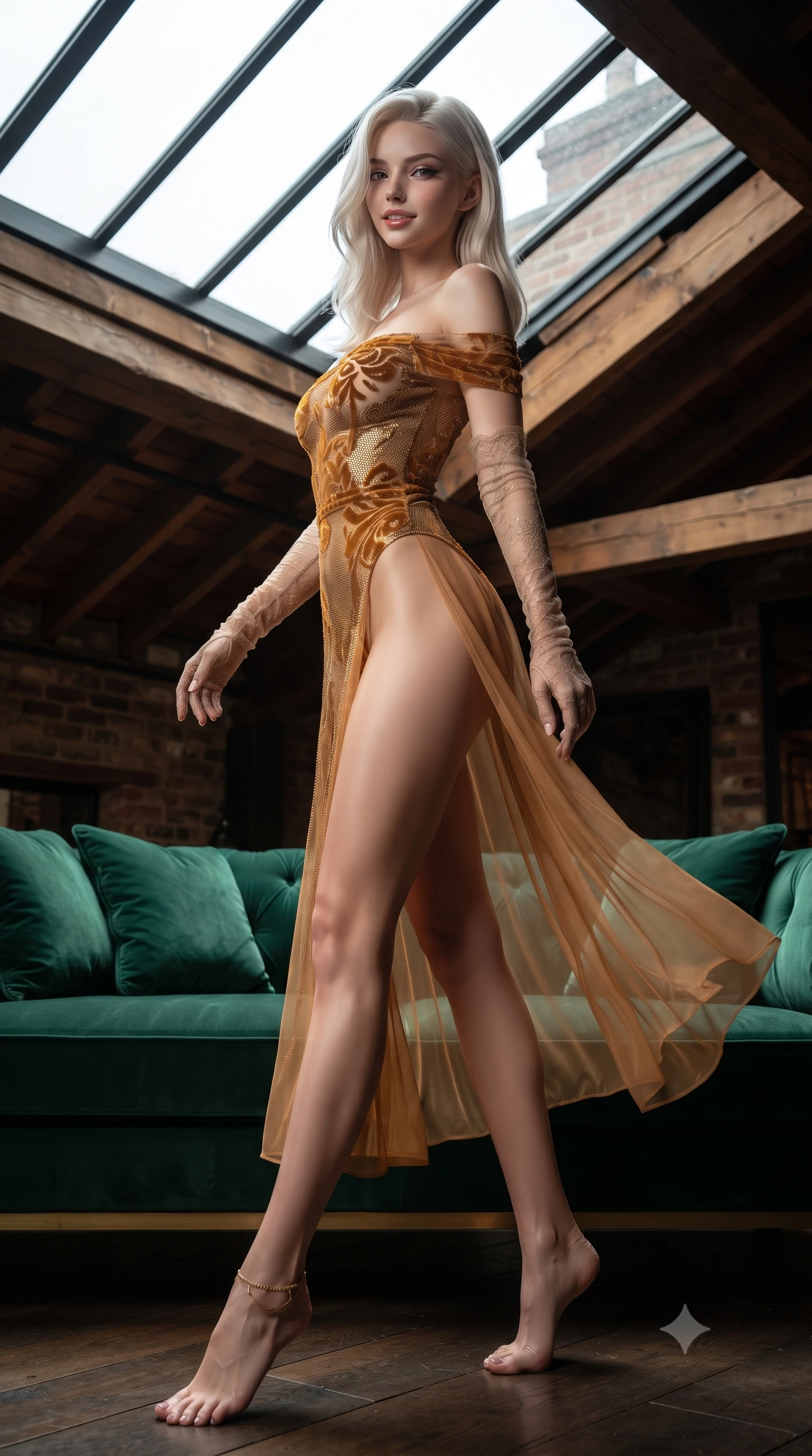 score_9, masterpiece, best quality, ultra-detailed, high-budget anime keyframe, editorial fashion photography, tasteful artistic composition, Caucasian woman. low angle full-body shot from head to toe showing her feet, filling the entire 9:16 vertical frame with her statuesque presence, stretching her vertical silhouette. executing a slow, graceful pivot turn as her skirt sways around her slender legs, glancing back with an enchanting, teasing sensual expression while reclining gracefully across the oversized emerald velvet daybed under the pitched glass skylight, arching her spine with effortless bohemian glamour. The surrounding environment is rendered in vivid detail and crisp panoramic clarity: detailed sheer silk slip dress drape, delicate gold ankle chain shine, and authentic 19th-century loft framing in razor-sharp precision. She has an absolutely perfect, statuesque 8.5-heads proportion, an exceptionally tall and slender model-like female figure with impossibly long slender legs, an ultra-slim waist, a flat toned midriff, narrow delicate ribcage, and beautifully sculpted feminine hips creating a graceful, slim hourglass silhouette without any bulky heaviness. sharp v-shaped jawline, high-bridge nose, sparkling eyes with hypnotic seductive depth, thick curled eyelashes, glossy parted lips with a natural dewy peach sheen, alluring bedroom-eyes with an enchanting coquettish smile, exuding magnetic siren charisma and sophisticated glamour, flawlessly proportioned anatomical accuracy, strict slender model proportions, natural body alignment, perfectly sculpted long slender limbs, ultra-slim waistline, clean dynamic posture without body distortion. wearing an off-the-shoulder sheer-illusion mesh bodysuit with strategic velvet flocking and high-cut leg openings in warm amber honey and antique gold leaf, crafted from shimmering fluid chainmail mesh reflecting ambient lights, complemented by sheer opera-length lace evening gloves tracing her slender arms, the second-skin tailored fabric adhering flawlessly to her sculpted flat midriff and slender torso, emphasizing her long leg lines and perfectly proportioned willowy build. illuminated by skylight reflection fill and sharp warm-gold rim lights sculpting her razor-sharp jawline, narrow waist, and curvy hips. ultra-reflective glossy finish, specular highlights, rich textural contrasts, high-contrast stereoscopic depth, volumetric dynamic lighting, 2k, ultra detail, master piece, 9:16 ratio