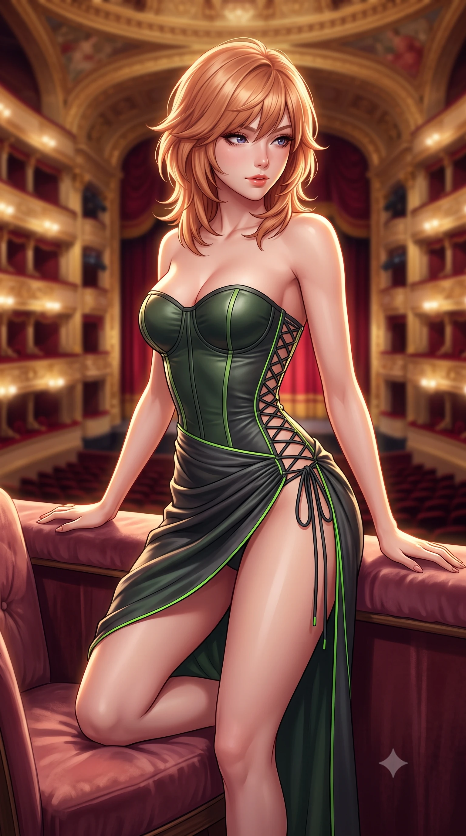 score_9, masterpiece, best quality, ultra-detailed, high-budget anime keyframe, semi-realistic 3D game render, editorial fashion photography, tasteful artistic composition, Korean woman. close-up cowboy shot from the waist and thighs up, the character dominates the composition, filling the frame with her large presence. perched sideways on the lounge seat, one knee drawn up to showcase her slender leg line while her arched back accentuates her feminine hip curve while leaning against the plush velvet box ledge with hips cocked back, looking over the horseshoe auditorium with smoldering bedroom-eyes. The background shows a soft-focus the vast gilded theater auditorium, tiers of opera boxes, and distant stage curtain blurred into crimson, gold, and ruby bokeh. She has an exceptionally elegant, slender, and willowy female figure with an ultra-slim waist, flat toned midriff, narrow ribcage, and sculpted feminine hips creating an alluring, slim hourglass silhouette without bulk. sharp v-shaped jawline, high-bridge nose, sparkling eyes with hypnotic seductive depth, thick curled eyelashes, glossy parted lips with a natural dewy peach sheen, alluring bedroom-eyes with an enchanting coquettish smile, exuding magnetic siren charisma and sophisticated glamour, flawlessly proportioned anatomical accuracy, strict slender model proportions, natural body alignment, perfectly sculpted long slender limbs, ultra-slim waistline, clean dynamic posture without body distortion. wearing a strapless boned satin corset bodice paired with a draped tulip ballet wrap skirt framing her hourglass curves in stealth night-vision green and carbon charcoal with neon accents, woven from buttery-soft stretch lambskin leather adhering to her body like a second skin, finished with fine criss-cross lace-up side ties revealing tantalizing glimpses of her hip curve, the high-slit wrap tailoring accentuating her ultra-slim waistline and the enchanting curve of her feminine hips with alluring seductive charm. illuminated by velvet bounce fill and sharp warm-gold rim lights defining her delicate clavicles, narrow waist, and curvaceous hips. highly saturated vibrant anime colors, detailed shading with soft gradients, rich glossy textures, high-contrast stereoscopic depth, volumetric dynamic lighting, master piece, 9:16 ratio
