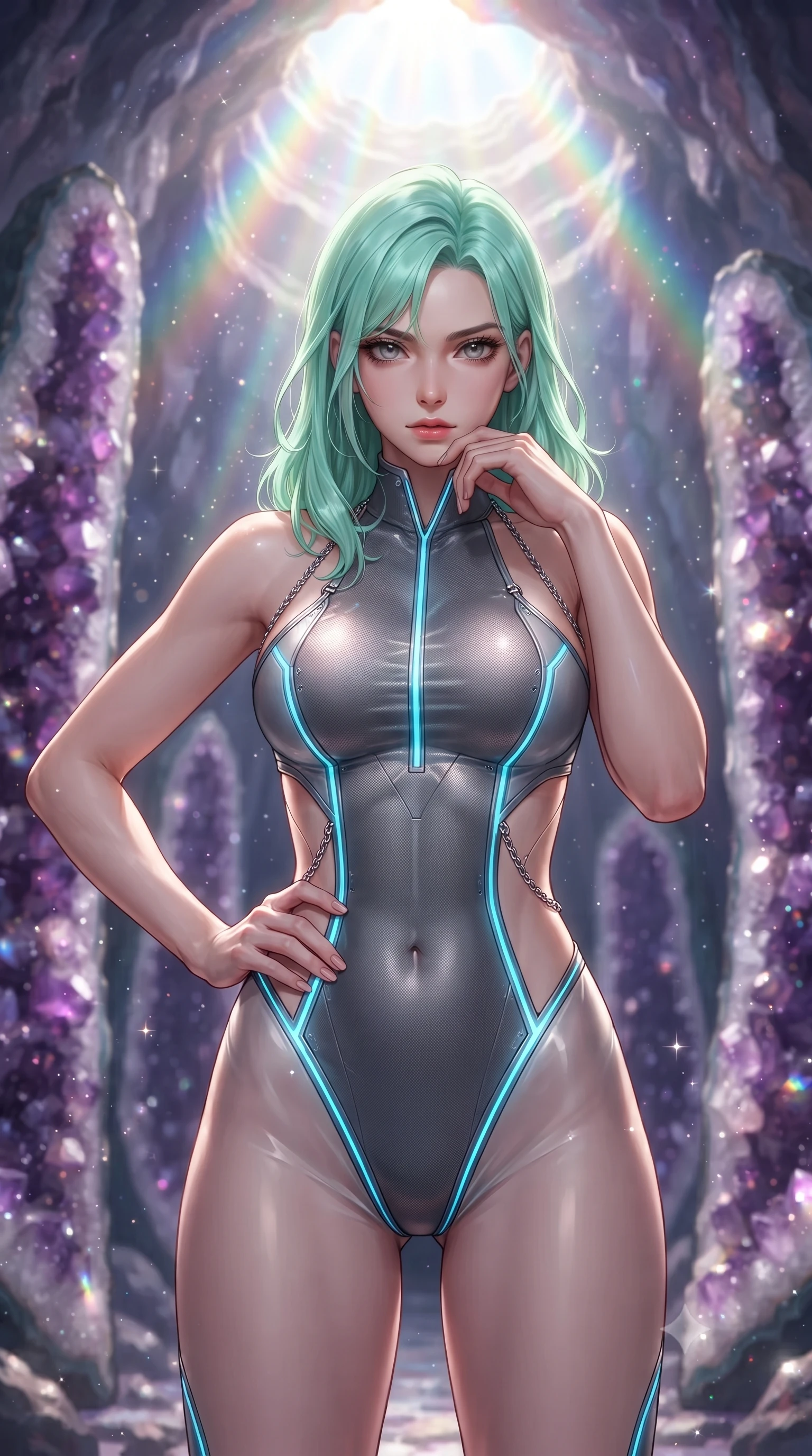 score_9, masterpiece, best quality, ultra-detailed, high-budget anime keyframe, editorial fashion photography, tasteful artistic composition, Japanese woman. close-up cowboy shot from the waist and thighs up, the character dominates the composition, filling the frame with her large presence, background elements kept in soft focus. Holding a confident power pose with one hand on her hip, gazing directly into the camera with quiet intensity standing inside a breathtaking cavern lined with massive amethyst geode pillars, glowing mineral dust shimmering like stars in the quiet cavern air. She has an exceptionally elegant, slender, and willowy female figure with an ultra-slim waist, a gracefully sculpted slender torso, and a refined silhouette. sharp v-shaped jawline, high-bridge nose, intricate jewel-like eyes with depth, thick eyelashes, glossy lips with a natural sheen. wearing a skin-tight cybernetic bodysuit with glowing neon seams and side cutouts in charcoal grey and platinum, woven from fine semi-opaque sheer organza, adorned with delicate metallic chain straps along the neckline, the form-contouring material highlighting her ultra-slim waist and long lines. bathed in brilliant prismatic light filtering from a natural cavern skylight. highly saturated vibrant anime colors, detailed shading with soft gradients, rich glossy textures, high-contrast stereoscopic depth, volumetric dynamic lighting, master piece, 9:16 ratio