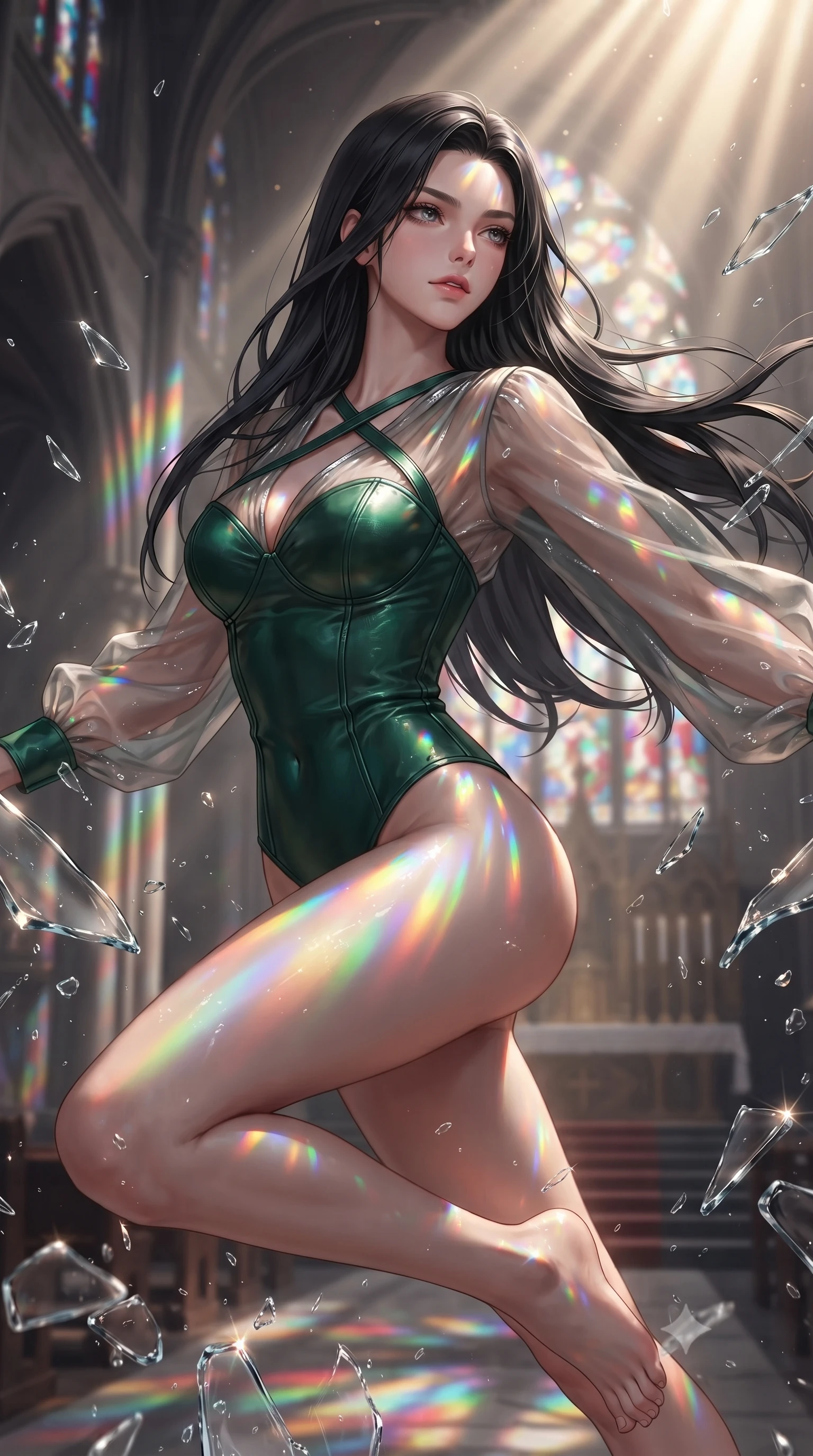 score_9, masterpiece, best quality, ultra-detailed, high-budget anime keyframe, editorial fashion photography, tasteful artistic composition, Korean woman. close-up cowboy shot from the waist and thighs up, the character dominates the composition, filling the frame with her large presence, background elements kept in soft focus. Gazing past the camera with an air of effortless elegance and mysterious confidence leaping through shattered liquid glass fragments in a illuminated cathedral, vibrant rainbow light patterns projected across her skin and costume. She has an exceptionally elegant, slender, and willowy female figure with an ultra-slim waist, a gracefully sculpted slender torso, and a refined silhouette. sharp v-shaped jawline, high-bridge nose, intricate jewel-like eyes with depth, thick eyelashes, glossy lips with a natural sheen. wearing a tailored leather bustier over a sheer silk chiffon blouse in deep emerald green and silver accent, crafted from smooth liquid silk, complemented by criss-cross back straps highlighting her bare shoulders, the elegant draped fit framing her graceful clavicle and slender torso. surrounded by a glowing divine aura of sunbeams and incense radiance. ultra-reflective glossy finish, specular highlights, metallic sheen, high-contrast stereoscopic depth, volumetric dynamic lighting, 2k, ultra detail, master piece, 9:16 ratio