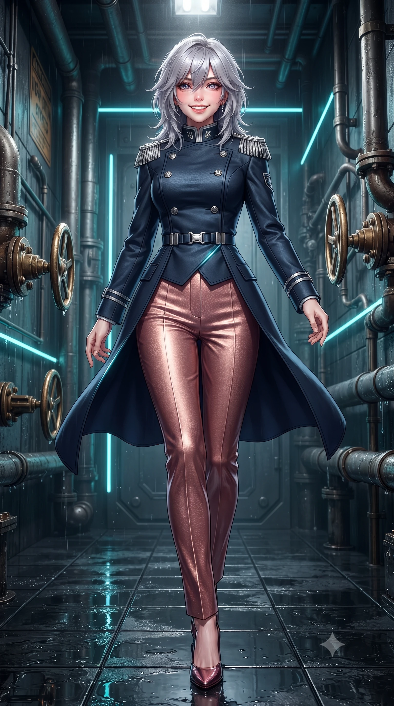 score_9, masterpiece, best quality, ultra-detailed, high-budget anime keyframe, editorial fashion photography, tasteful artistic composition, Japanese woman. low angle full-body shot from head to toe showing her feet, filling the entire 9:16 vertical frame with her statuesque presence, stretching her vertical silhouette. stepping forward in a confident stride, her long slender legs and curvaceous hips creating a dynamic, sweeping vertical line while twisting her slender torso in an alluring S-curve between condensation-dripping pipes, cyan LED hazard lines tracing her flat midriff and hourglass curves. The surrounding environment is rendered in vivid detail and crisp panoramic clarity: sharp wet black basalt tile reflections, high-voltage conduit stencils, and heavy brass valve wheels in deep focus. She has an exceptionally tall and slender model-like 8.5-heads proportion, an ultra-slim waist, a flat toned midriff, narrow delicate ribcage, and beautifully sculpted feminine hips creating a graceful, slim hourglass silhouette without any bulky heaviness, with impossibly long slender legs. sharp v-shaped jawline, high-bridge nose, intricate jewel-like sparkling eyes with depth, thick eyelashes, glossy parted lips with a natural peach sheen, bright cheerful beaming smile with an enchanting and coquettish sensual glint, exuding both youthful cute charm and seductive allure, flawlessly proportioned anatomical accuracy, strict slender model proportions, natural body alignment, perfectly sculpted long slender limbs, ultra-slim waistline, clean dynamic posture without body distortion. wearing a tailored orbital navy officer dress uniform featuring a structured double-breasted coat with silver epaulets, high mandarin collar, and matching pressed slacks in high-gloss rose-gold and burnished copper, tailored from high-density tech-wool with subtle metallic thread weave, finished with sleek magnetic buckle closures fluttering in the breeze, the bespoke structured tailoring following the natural line of her 8.5-heads silhouette with refined elegance. illuminated by wet basalt reflection bounce and sharp electric-cyan rim lights defining her dewy collarbones, ultra-slim waist, and curvy hips. ultra-reflective glossy finish, specular highlights, rich textural contrasts, high-contrast stereoscopic depth, volumetric dynamic lighting, 2k, ultra detail, master piece, 9:16 ratio