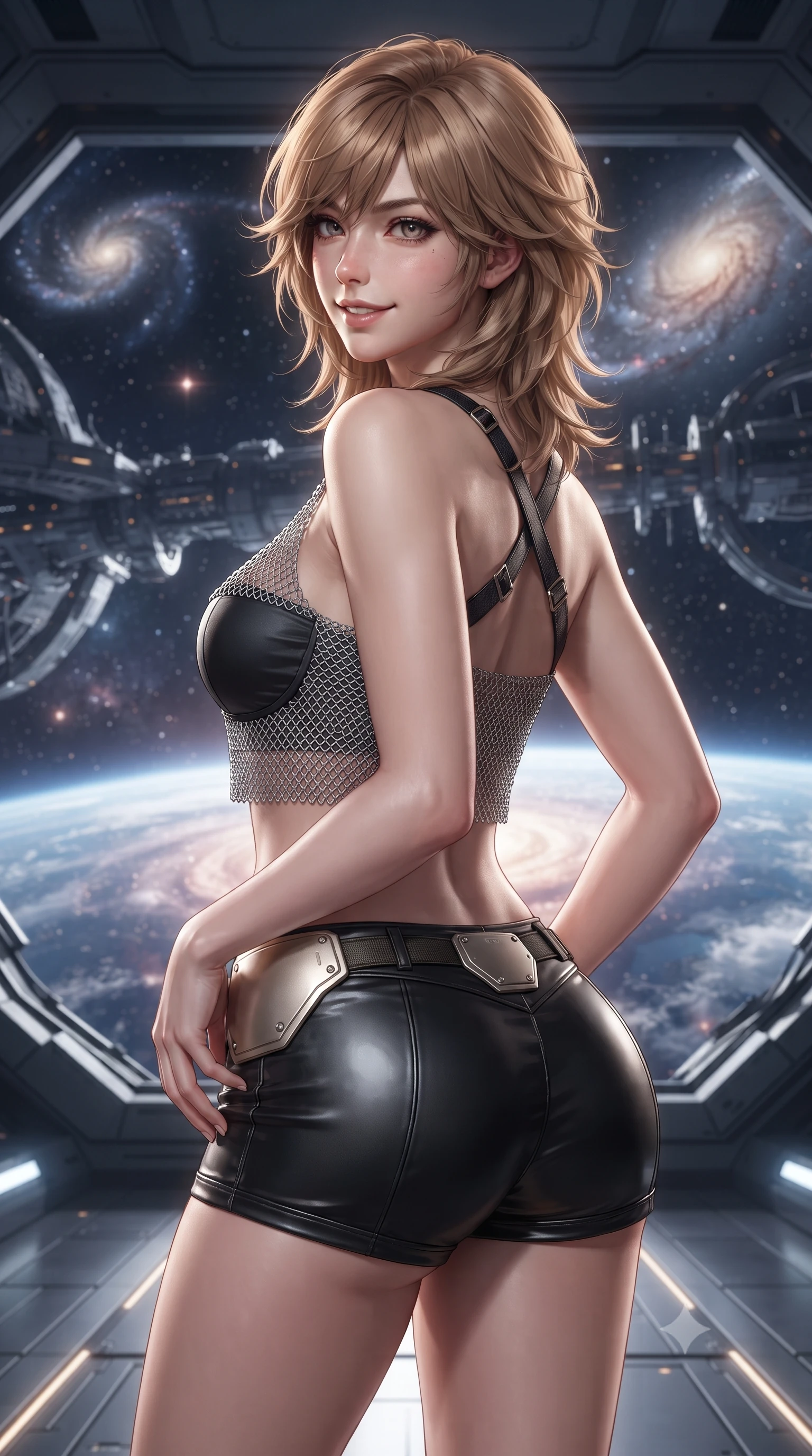 score_9, masterpiece, best quality, ultra-detailed, high-budget anime keyframe, editorial fashion photography, tasteful artistic composition, Korean woman. close-up cowboy shot from the waist and thighs up, the character dominates the composition, filling the frame with her large presence. posing in an alluring rear three-quarter angle, turning over a bare shoulder with an intoxicating gaze, her hips cocked back to highlight her slim hourglass curve against the glowing reactor while pausing mid-stride with one hand touching her hip armor, her statuesque 8.5-heads silhouette commanding the vast cosmic panoramic vista. The surrounding environment is rendered in vivid detail and crisp panoramic clarity: detailed mesh fabric weave, starlight specular glints on armor, and orbital station architecture in razor-sharp clarity. She has an exceptionally elegant, slender, and willowy female figure with an ultra-slim waist, flat toned midriff, narrow ribcage, and sculpted feminine hips creating an alluring, slim hourglass silhouette without bulk. sharp v-shaped jawline, high-bridge nose, intricate jewel-like sparkling eyes with depth, thick eyelashes, glossy parted lips with a natural sheen, bright confident smile with an enchanting and coquettish sensual glint, exuding both youthful magnetic charm and sovereign high-tech allure, flawlessly proportioned anatomical accuracy, strict slender model proportions, natural body alignment, perfectly sculpted long slender limbs, ultra-slim waistline, clean dynamic posture without body distortion. wearing a delicate silver chainmail mesh crop top layered over a sculpted matte black bandeau with low-rise combat shorts in glossy onyx black and warm champagne gold hardware, made of supple second-skin compression stretch jersey clinging flawlessly to her form, finished with criss-cross Kevlar tactical straps tracing her graceful shoulder blades, the high-waisted tailoring accentuating her ultra-slim waistline and the enchanting curve of her feminine hips with alluring dark charm. illuminated by internal skybridge LED pathway wash and sharp platinum rim lights defining her sculpted collarbones, ultra-slim waist, and curvy hips. ultra-reflective glossy finish, specular highlights, rich textural contrasts, high-contrast stereoscopic depth, volumetric dynamic lighting, 2k, ultra detail, master piece, 9:16 ratio
