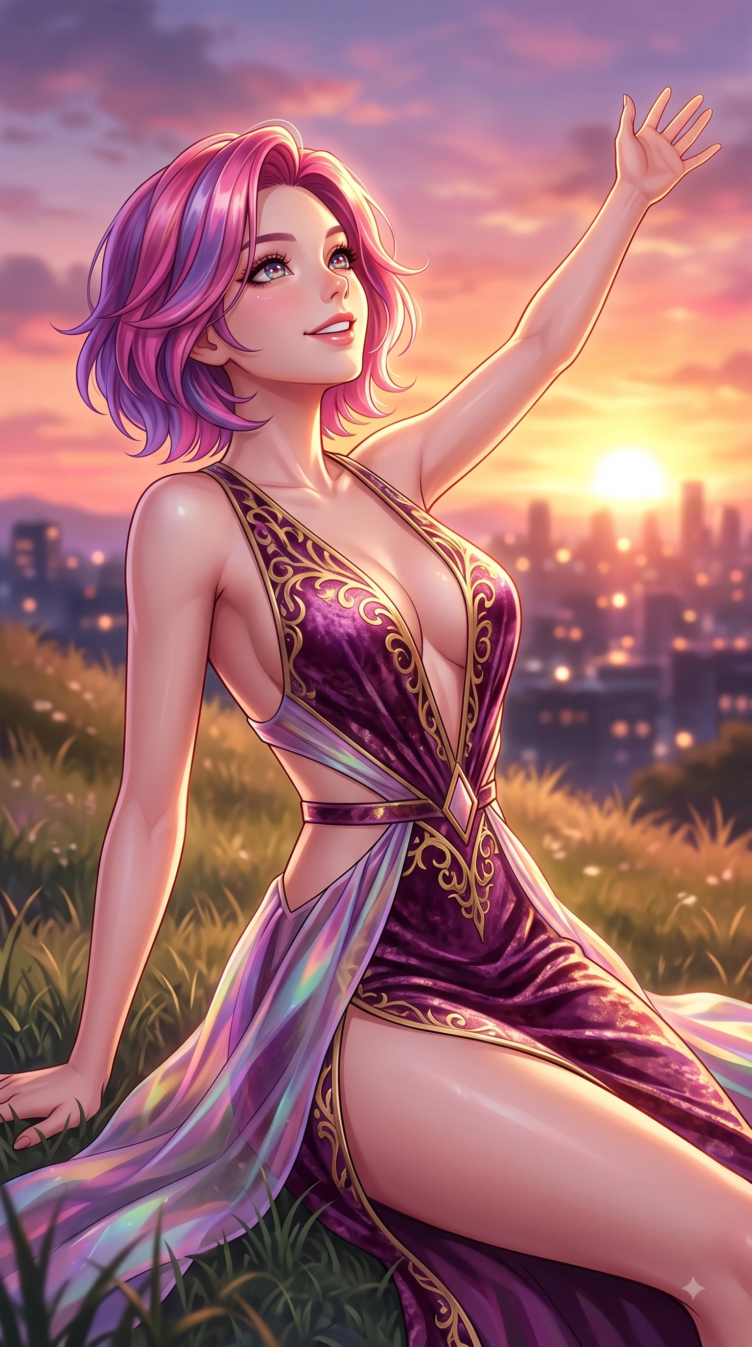 score_9, masterpiece, best quality, ultra-detailed, high-budget anime keyframe, editorial fashion photography, tasteful artistic composition, Caucasian woman. close-up cowboy shot from the waist and thighs up, the character dominates the composition, filling the frame with her large presence, background elements kept in soft focus. Fresh enchanting smile, her eyes twinkling like jewels in the bright sunlight as one arm reaches out cheerfully while resting on her elbow on the grass while looking up with sparkling, happy eyes at the sunset, city skyline silhouettes twinkling softly in the warm sunset glow. She has an exceptionally elegant, slender, and willowy female figure with an ultra-slim waist, a gracefully sculpted slender torso, and a refined silhouette. sharp v-shaped jawline, high-bridge nose, intricate jewel-like eyes with depth, thick eyelashes, glossy lips with a natural sheen, flawlessly proportioned anatomical accuracy, natural body alignment, perfectly sculpted elegant limbs, clean dynamic posture without body distortion. wearing a backless crushed velvet gown with a deep V-neckline and high thigh slit in plum purple and gold filigree, crafted from iridescent chiffon that shifts colors in the light, featuring subtle geometric cutouts that highlight her ultra-slim midriff, the form-contouring material highlighting her ultra-slim waist and long lines. illuminated by soft glowing sunset reflections with cheerful golden rim lights. highly saturated vibrant anime colors, detailed shading with soft gradients, rich glossy textures, high-contrast stereoscopic depth, volumetric dynamic lighting, master piece, 9:16 ratio