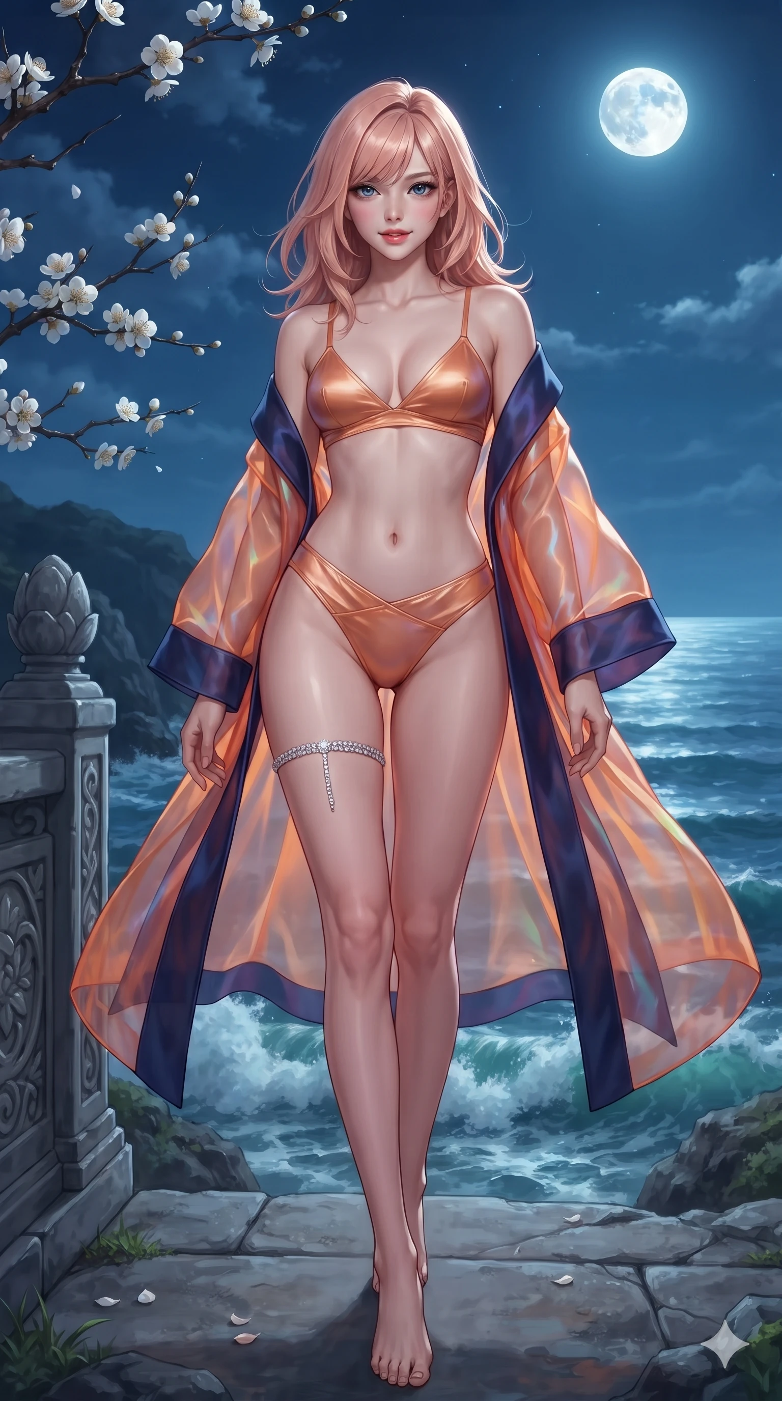 score_9, masterpiece, best quality, ultra-detailed, high-budget anime keyframe, editorial fashion photography, tasteful artistic composition, Japanese woman. low angle full-body shot from head to toe showing her feet, filling the entire 9:16 vertical frame with her statuesque presence, stretching her vertical silhouette. stepping slowly toward the camera with hypnotic grace, hips swaying in an alluring sensual rhythm that accentuates her curvy hourglass silhouette and long slender legs while standing tall beside blooming white plum blossom branches, arching her spine with sovereign supermodel grace as sea breezes whip through her hair. The surrounding environment is rendered in vivid detail and crisp panoramic clarity: sharp carved stone balustrade relief, delicate plum blossom petal veins, and churning sea foam clarity in deep focus. She has an absolutely perfect, statuesque 8.5-heads proportion, an exceptionally tall and slender model-like female figure with impossibly long slender legs, an ultra-slim waist, a flat toned midriff, narrow delicate ribcage, and beautifully sculpted feminine hips creating a graceful, slim hourglass silhouette without any bulky heaviness. sharp v-shaped jawline, high-bridge nose, sparkling eyes with hypnotic seductive depth, thick curled eyelashes, glossy parted lips with a natural dewy peach sheen, alluring bedroom-eyes with an enchanting coquettish smile, exuding magnetic siren charisma and sophisticated glamour, flawlessly proportioned anatomical accuracy, strict slender model proportions, natural body alignment, perfectly sculpted long slender limbs, ultra-slim waistline, clean dynamic posture without body distortion. wearing a translucent iridescent organza durumagi robe slipping off bare shoulders over a matching satin micro-bralette and wrap briefs in sunset tangerine orange and deep navy indigo, made of supple butter-soft lambskin leather with a subtle satin sheen, accented with a delicate crystal-encrusted thigh garter strap glinting under the lights, the glove-like clinging cut tightly following the natural contour of her hips and long slender legs with youthful 8.5-heads elegance. bathed in brilliant 4500K celestial moonlight washing across white plum blossoms and carved stone balustrades. ultra-reflective glossy finish, specular highlights, rich textural contrasts, high-contrast stereoscopic depth, volumetric dynamic lighting, 2k, ultra detail, master piece, 9:16 ratio