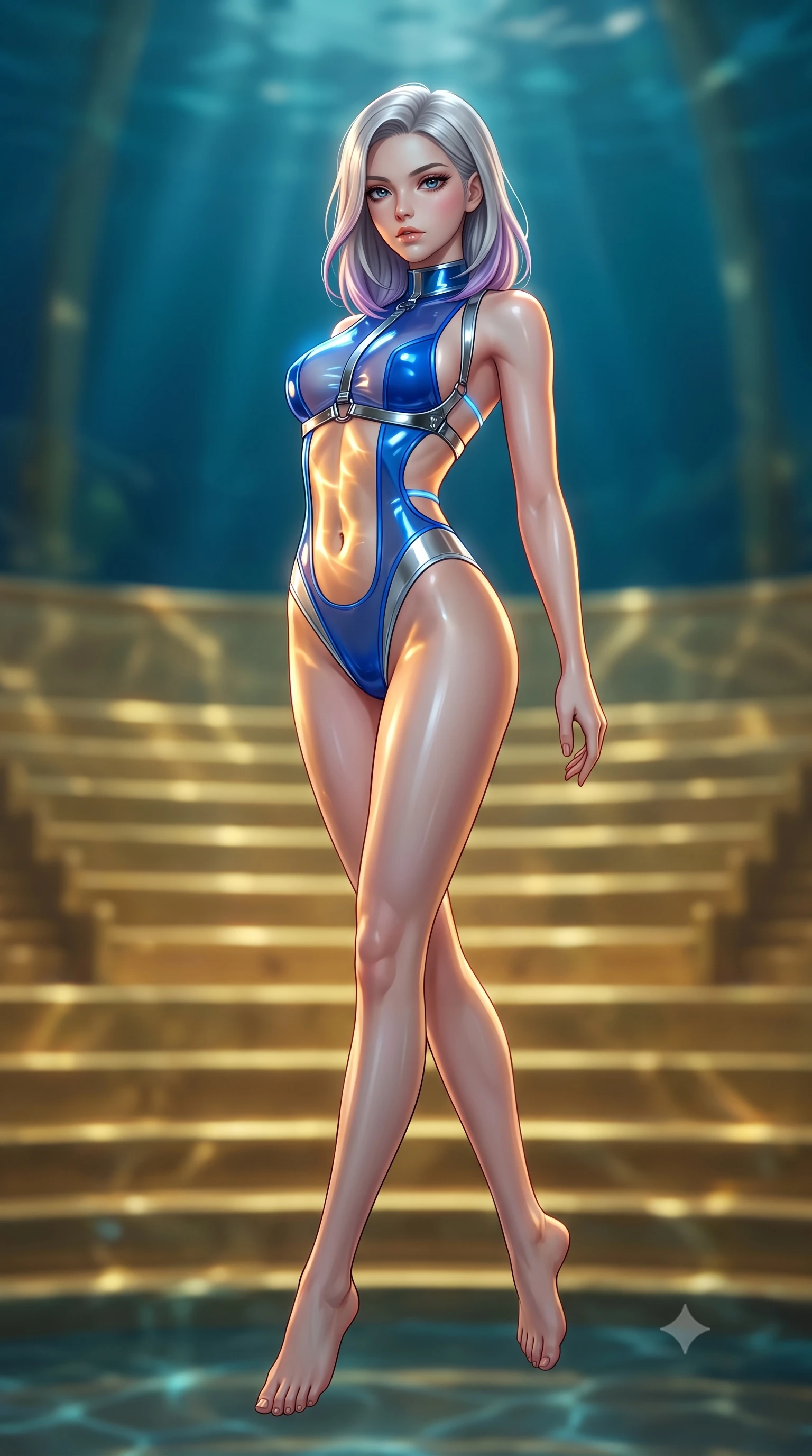 score_9, masterpiece, best quality, ultra-detailed, high-budget anime keyframe, semi-realistic 3D game render, editorial fashion photography, tasteful artistic composition, Caucasian woman. low angle full-body shot from head to toe showing her feet, filling the entire 9:16 vertical frame with her statuesque presence, stretching her vertical silhouette. arching her back in a fluid zero-gravity turn with sovereign grace, her long slender legs and sculpted torso creating a sweeping line while arching her back in a fluid motion as warm golden underwater caustics illuminate her sculpted flat midriff and torso. The composition keeps background elements in soft focus with creamy bokeh. sunken golden amphitheatre tiers and water caustics softened in luminous shallow depth of field. She has an absolutely perfect, statuesque 8.5-heads proportion, an exceptionally tall and slender model-like female figure with impossibly long slender legs, a toned flat midriff, and an ultra-slim waist. sharp v-shaped jawline, high-bridge nose, intricate jewel-like eyes with depth, thick eyelashes, glossy lips with a natural sheen, flawlessly proportioned anatomical accuracy, strict slender model proportions, natural body alignment, perfectly sculpted long slender limbs, ultra-slim waistline, clean dynamic posture without body distortion. wearing a high-cut translucent vinyl leotard with front paneling, exposed side-rib cutouts, and an open back in liquid electric cobalt blue and polished silver, crafted from ultra-reflective second-skin latex with a high-gloss glass-like polish, reinforced by a sleek metallic chrome harness and delicate glowing micro-straps, the precision-cut daring openings accentuating her delicate midriff, graceful bare collarbones, and ultra-slim feminine waistline. surrounded by an opulent, mystical, and breathtakingly sensual underwater kingdom aura. highly saturated vibrant anime colors, detailed shading with soft gradients, rich glossy textures, high-contrast stereoscopic depth, volumetric dynamic lighting, master piece, 9:16 ratio