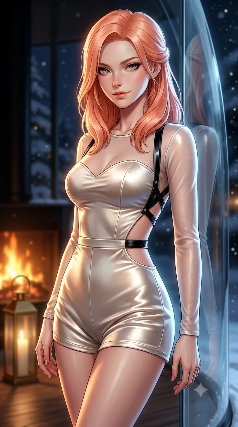 score_9, masterpiece, best quality, ultra-detailed, high-budget anime keyframe, semi-realistic 3D game render, editorial fashion photography, tasteful artistic composition, Japanese woman. close-up cowboy shot from the waist and thighs up, the character dominates the composition, filling the frame with her large presence. smiling with quiet, magnetic self-assurance directly into the camera, her sculpted waistline catching specular highlights while standing poised against the transparent curved glass wall, casting an intoxicating glance into the camera while firelight warms her silhouette. The background shows a soft-focus interior brass floor lantern glows softened in intimate high-latitude shallow focus. She has an exceptionally elegant, slender, and willowy female figure with an ultra-slim waist, flat toned midriff, narrow ribcage, and sculpted feminine hips creating an alluring, slim hourglass silhouette without bulk. sharp v-shaped jawline, high-bridge nose, sparkling eyes with hypnotic seductive depth, thick curled eyelashes, glossy parted lips with a natural dewy peach sheen, alluring bedroom-eyes with an enchanting coquettish smile, exuding magnetic siren charisma and sophisticated glamour, flawlessly proportioned anatomical accuracy, strict slender model proportions, natural body alignment, perfectly sculpted long slender limbs, ultra-slim waistline, clean dynamic posture without body distortion. wearing a fitted sweetheart-neck velvet cocktail romper with sheer mesh sleeves and side waist cutouts in iridescent pearl white and champagne titanium, tailored from ultra-plush silk velvet with rich tactile depth and deep shadow gradients, featuring an open-back criss-cross harness strap in patent black leather, the form-contouring silhouette accentuating her sculpted flat midriff, narrow delicate ribcage, and gracefully curvy hips with intoxicating allure. illuminated by snowy ground reflection fill and sharp icy-platinum rim lights defining her razor-sharp jawline, narrow waist, and curvy hips. highly saturated vibrant anime colors, detailed shading with soft gradients, rich glossy textures, high-contrast stereoscopic depth, volumetric dynamic lighting, master piece, 9:16 ratio