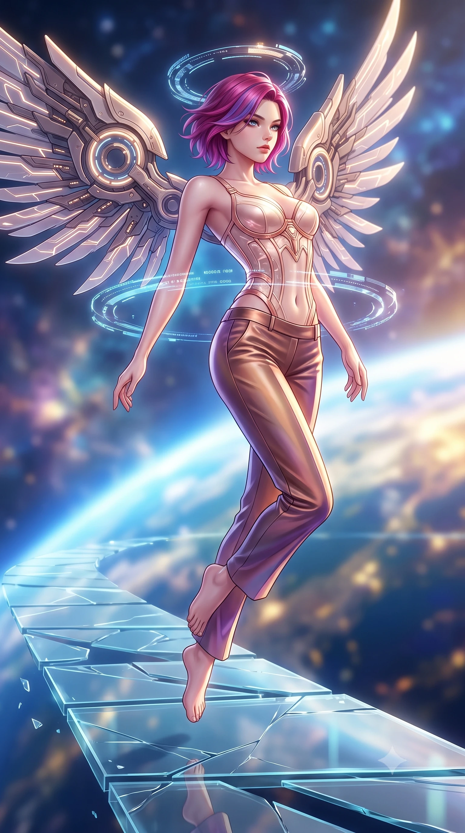 score_9, masterpiece, best quality, ultra-detailed, high-budget anime keyframe, semi-realistic 3D game render, editorial fashion photography, tasteful artistic composition, Caucasian woman. low angle full-body shot from head to toe showing her feet, filling the entire 9:16 vertical frame with her statuesque presence, stretching her vertical silhouette. arching her back gracefully in mid-air as glowing mechanical wings and floating cybernetic halos frame her statuesque presence while stepping along a floating glass catwalk extending into open space under brilliant orbital sunlight. The composition keeps background elements in soft focus with creamy bokeh. glowing planetary curve of Earth and distant supernova clouds blurred into breathtaking azure, gold, and violet bokeh. She has an absolutely perfect, statuesque 8.5-heads proportion, an exceptionally tall and slender model-like female figure with impossibly long slender legs, a toned flat midriff, and an ultra-slim waist. sharp v-shaped jawline, high-bridge nose, intricate jewel-like eyes with depth, thick eyelashes, glossy lips with a natural sheen, flawlessly proportioned anatomical accuracy, strict slender model proportions, natural body alignment, perfectly sculpted long slender limbs, ultra-slim waistline, clean dynamic posture without body distortion. wearing a structured translucent cyber-corset paired with tailored high-fashion satin trousers that sharply cinch her ultra-slim waist in sculpted rose gold and luminescent champagne ivory, made of smooth flowing silk chiffon that shifts colors with movement, complemented by criss-cross back straps highlighting her completely bare spine, the form-contouring material adhering flawlessly to her sculpted flat midriff and slender torso, emphasizing her long leg lines and perfectly proportioned willowy build. illuminated by crisp gold specular highlights sharply defining her ultra-slim waist, long legs, and flat midriff. rich saturated anime colors with glowing neon highlights, detailed shading with soft gradients, rich glossy textures, high-contrast stereoscopic depth, volumetric dynamic lighting, master piece, 9:16 ratio