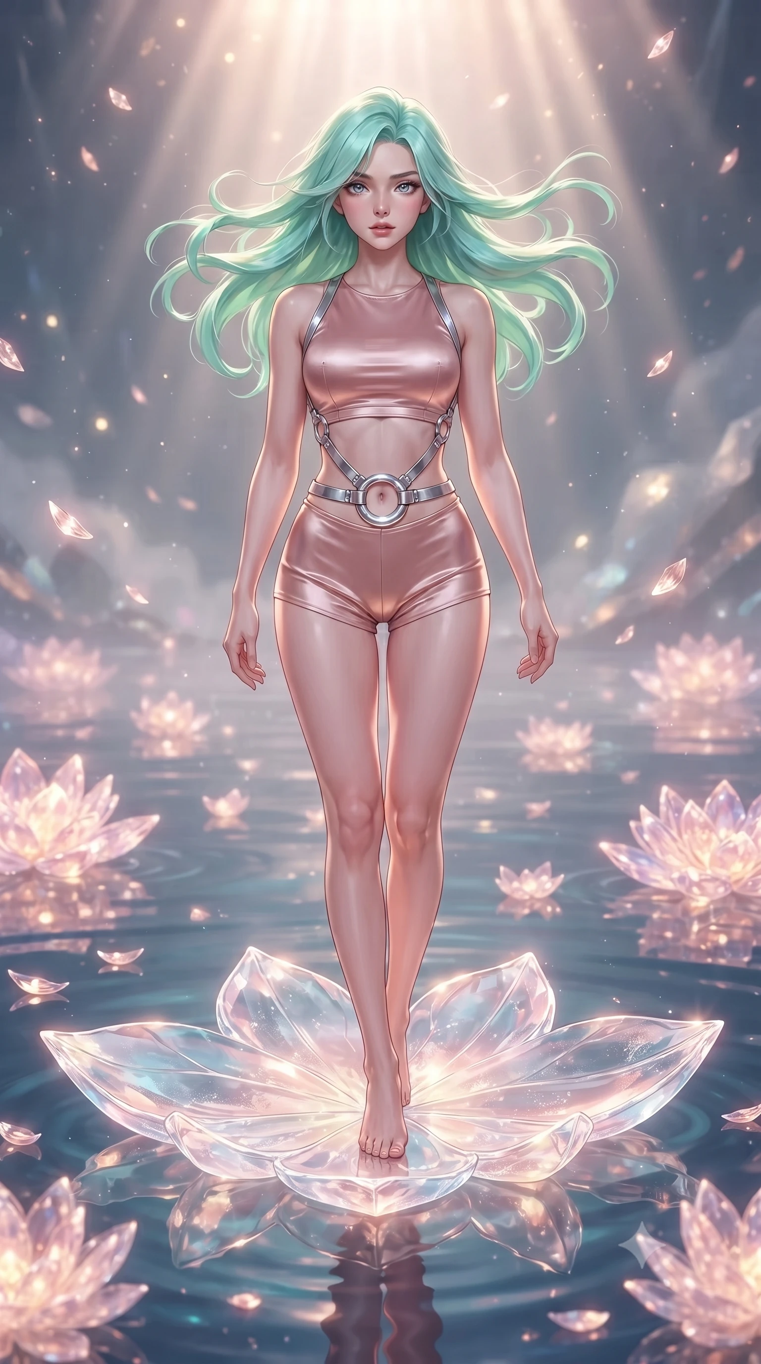 score_9, masterpiece, best quality, ultra-detailed, high-budget anime keyframe, editorial fashion photography, tasteful artistic composition, Japanese woman. low angle full-body shot from head to toe showing her feet, filling the entire 9:16 vertical frame with her statuesque presence, stretching her vertical silhouette. navigating the celestial sanctuary with an effortless, graceful stride, poised on a giant crystal lotus leaf in a mirror-still opal pond, translucent crystal lotus petals scattering soft pink and gold light. She has an absolutely perfect, statuesque 8.5-heads proportion, an exceptionally tall and slender model-like female figure with impossibly long slender legs and an ultra-slim waist. sharp v-shaped jawline, high-bridge nose, intricate jewel-like eyes with depth, thick eyelashes, glossy lips with a natural sheen. wearing high-cut micro-shorts and crop top set with silver metallic harness in soft blush pink, made of soft rose-gold satin, accented with sculpted opal chrome rings at the waist, sculpting her athletic slender build with refined precision. lit by clear golden-hour rays cascading through water garden mist. ultra-reflective glossy finish, specular highlights, metallic sheen, high-contrast stereoscopic depth, volumetric dynamic lighting, 2k, ultra detail, master piece, 9:16 ratio