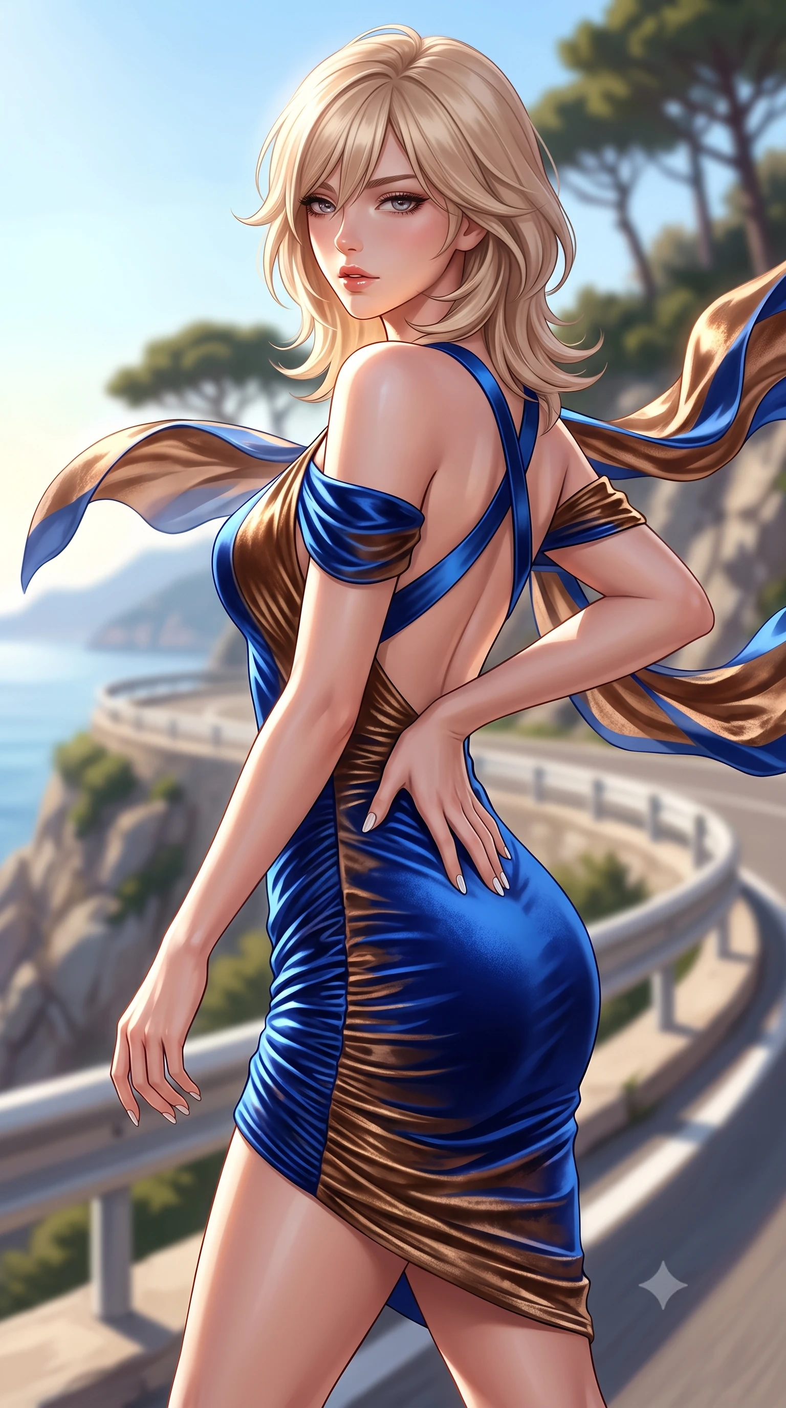 score_9, masterpiece, best quality, ultra-detailed, high-budget anime keyframe, semi-realistic 3D game render, editorial fashion photography, tasteful artistic composition, Japanese woman. close-up cowboy shot from the waist and thighs up, the character dominates the composition, filling the frame with her large presence. resting one manicured hand delicately on her hip bone, her upper body turning in a fluid, seductive S-curve while parted lips glisten in the light while striding gracefully along the coastal corniche as sea winds flutter her open silk scarf, hips swaying in an alluring supermodel rhythm. The composition keeps background elements in soft focus with creamy bokeh. winding cliffside road barriers and coastal pine silhouettes softened in glamorous shallow focus. She has an exceptionally elegant, slender, and willowy female figure with an ultra-slim waist, flat toned midriff, narrow ribcage, and sculpted feminine hips creating an alluring, slim hourglass silhouette without bulk. sharp v-shaped jawline, high-bridge nose, intricate jewel-like eyes with depth, thick eyelashes, glossy parted lips with a natural sheen, intensely captivating and seductive bedroom-eyes expression, flawlessly proportioned anatomical accuracy, strict slender model proportions, natural body alignment, perfectly sculpted long slender limbs, ultra-slim waistline, clean dynamic posture without body distortion. wearing a form-contouring cocktail dress with an asymmetrical open shoulder and hip-defining ruching in royal sapphire blue and liquid bronze, crafted from heavyweight crushed silk velvet with liquid vintage luster, finished with criss-cross back satin straps highlighting her graceful shoulder blades, the liquid-tight tailored fabric clinging flawlessly to her narrow waist and rounded feminine hips, emphasizing every millimeter of her sculpted slim hourglass curves without any bulky heaviness. illuminated by bright specular sun glints sharply carving her razor-sharp jawline, narrow waist, and curvy hips. highly saturated vibrant anime colors, detailed shading with soft gradients, rich glossy textures, high-contrast stereoscopic depth, volumetric dynamic lighting, master piece, 9:16 ratio