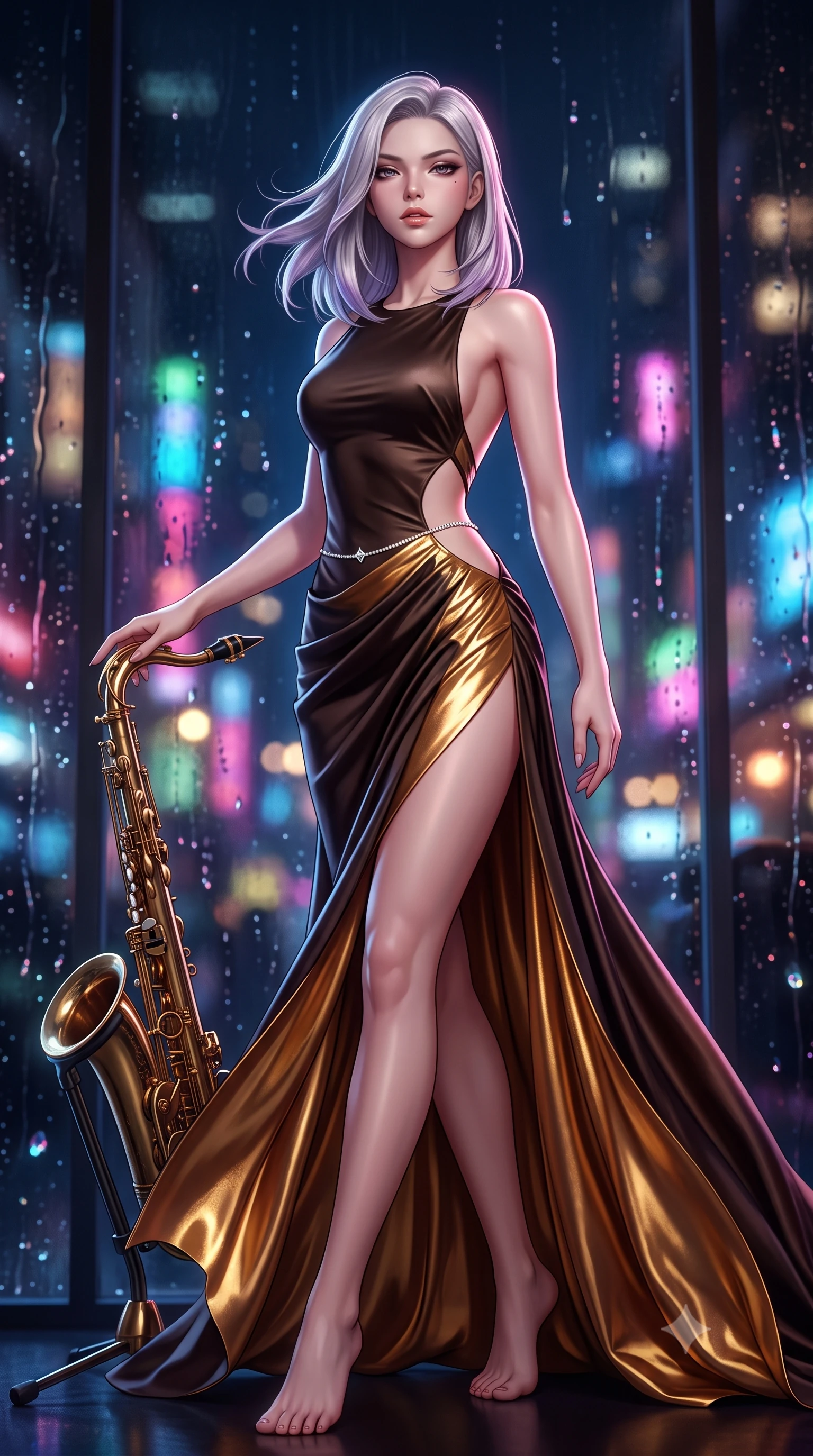 score_9, masterpiece, best quality, ultra-detailed, high-budget anime keyframe, semi-realistic 3D game render, editorial fashion photography, tasteful artistic composition, Caucasian woman. low angle full-body shot from head to toe showing her feet, filling the entire 9:16 vertical frame with her statuesque presence, stretching her vertical silhouette. striding forward in a proud supermodel runway stride, hips swaying in an alluring kinetic rhythm that accentuates her curvy hourglass silhouette while standing poised beside the brass saxophone stand, hips dramatically shifted in an alluring contrapposto stance as midnight city neon glints on her dress. The composition keeps background elements in soft focus with creamy bokeh. streaming glass raindrop tracks and crystal glass refractions scattering melancholic light motes. She has an absolutely perfect, statuesque 8.5-heads proportion, an exceptionally tall and slender model-like female figure with impossibly long slender legs, a toned flat midriff, an ultra-slim waist, and beautifully sculpted feminine hips. sharp v-shaped jawline, high-bridge nose, intricate jewel-like eyes with depth, thick eyelashes, glossy parted lips with a natural sheen, intensely captivating and seductive bedroom-eyes expression, flawlessly proportioned anatomical accuracy, strict slender model proportions, natural body alignment, perfectly sculpted long slender limbs, ultra-slim waistline, clean dynamic posture without body distortion. wearing an open-back duchess satin gala gown with a dramatic hip-hugging drape and cascading trailing hem in dark espresso brown and molten gold foil, tailored from liquid silk jersey adhering flawlessly to her slender build, accented with a dainty diamond waist chain catching the ambient neon reflections, the precision-cut side openings and low-back scoop framing her graceful spine and the sensual sweep of her hips. surrounded by a sultry, soulful, and deeply intoxicating midnight jazz muse aura. highly saturated vibrant anime colors, detailed shading with soft gradients, rich glossy textures, high-contrast stereoscopic depth, volumetric dynamic lighting, master piece, 9:16 ratio