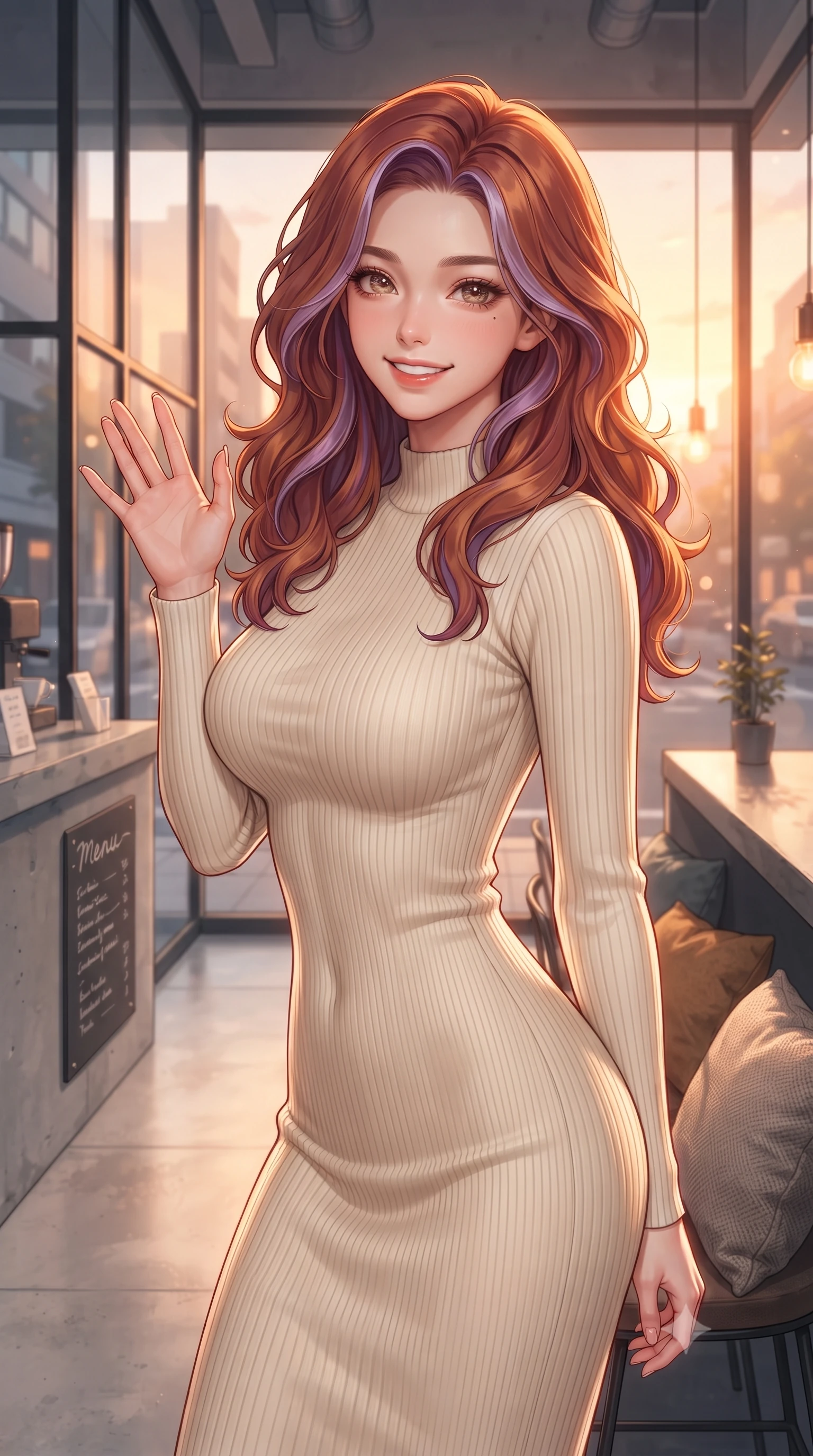 score_9, masterpiece, best quality, ultra-detailed, high-budget anime keyframe, editorial fashion photography, tasteful artistic composition, Caucasian woman. close-up cowboy shot from the waist and thighs up, the character dominates the composition, filling the frame with her large presence, background elements kept in soft focus. flashing a sweet, beaming smile while waving one hand gently toward the camera set against a soft-focus background of inside a modern minimalist espresso bar with sleek glass windows and concrete counters with a handwritten menu board and cozy cushions on the chairs. She has an exceptionally elegant, slender, and willowy female figure with an ultra-slim waist, a gracefully sculpted slender torso, and a refined silhouette. sharp v-shaped jawline, high-bridge nose, intricate jewel-like eyes with depth, thick eyelashes, glossy lips with a natural sheen. wearing form-contouring form-fitting ribbed knit dress in cream, contouring her slender silhouette. golden hour sunset rays painting the cozy interior in a warm orange wash. highly saturated vibrant anime colors, detailed shading with soft gradients, rich glossy textures, high-contrast stereoscopic depth, volumetric dynamic lighting, master piece, 9:16 ratio