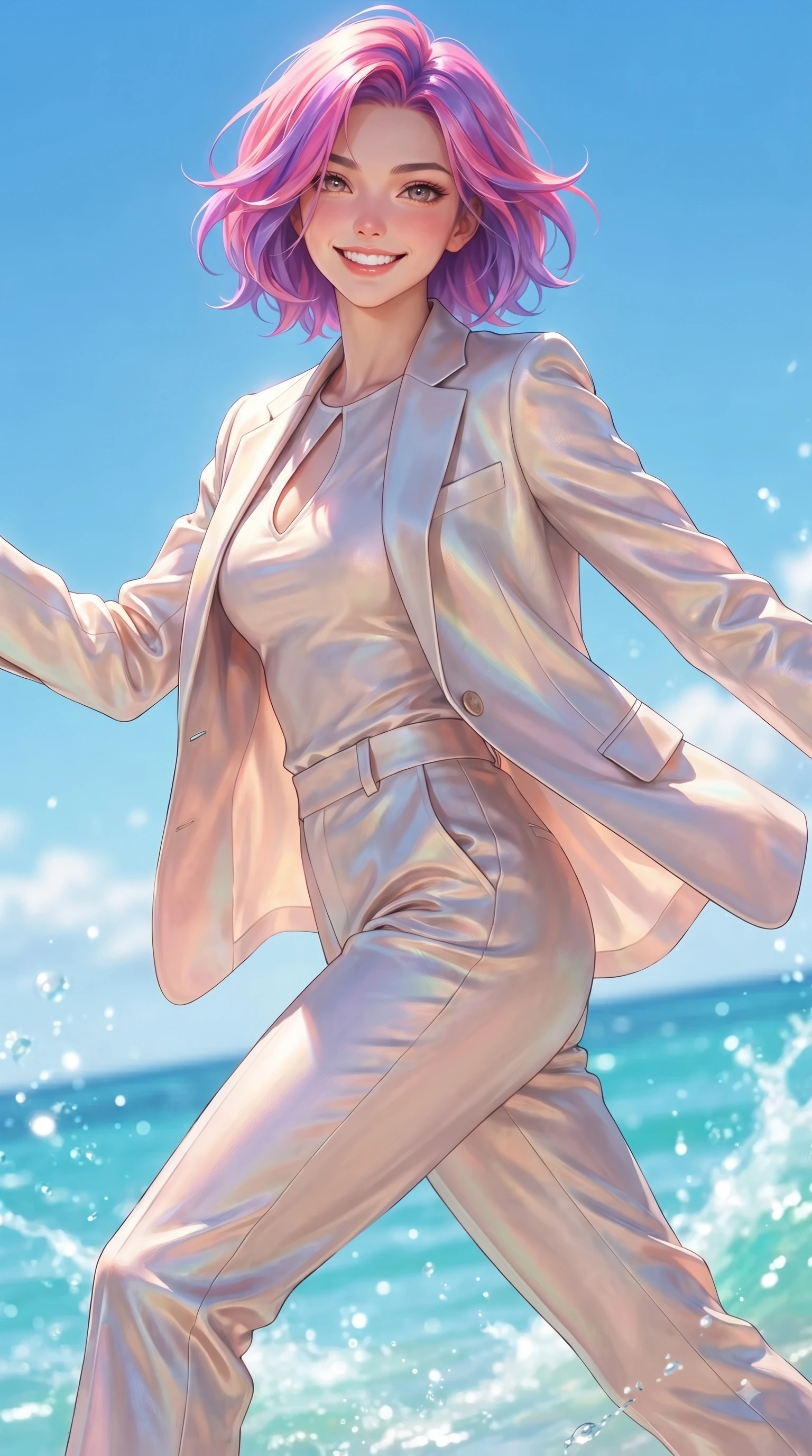 score_9, masterpiece, best quality, ultra-detailed, high-budget anime keyframe, editorial fashion photography, tasteful artistic composition, Caucasian woman. close-up cowboy shot from the waist and thighs up, the character dominates the composition, filling the frame with her large presence, background elements kept in soft focus. Gazing directly into the camera with a joyful, infectious smile as her torso curves dynamically in mid-stride while leaping with a radiant bright smile into the sparkling sea spray under a clear blue sky, warm tropical sea breeze fluttering lightweight linen garments in fluid joyful motions. She has an exceptionally elegant, slender, and willowy female figure with an ultra-slim waist, a gracefully sculpted slender torso, and a refined silhouette. sharp v-shaped jawline, high-bridge nose, intricate jewel-like eyes with depth, thick eyelashes, glossy lips with a natural sheen, flawlessly proportioned anatomical accuracy, natural body alignment, perfectly sculpted elegant limbs, clean dynamic posture without body distortion. wearing a tailored silk blazer over a form-contouring scoop-neck top and slacks in pearl white and rose gold, crafted from iridescent chiffon that shifts colors in the light, accented with a Tasteful chest slit framing her clavicle gracefully, the elegant draped fit framing her graceful clavicle and slender torso. bathed in brilliant tropical sunshine and glittering ocean water refractions. ultra-reflective glossy finish, specular highlights, metallic sheen, high-contrast stereoscopic depth, volumetric dynamic lighting, 2k, ultra detail, master piece, 9:16 ratio