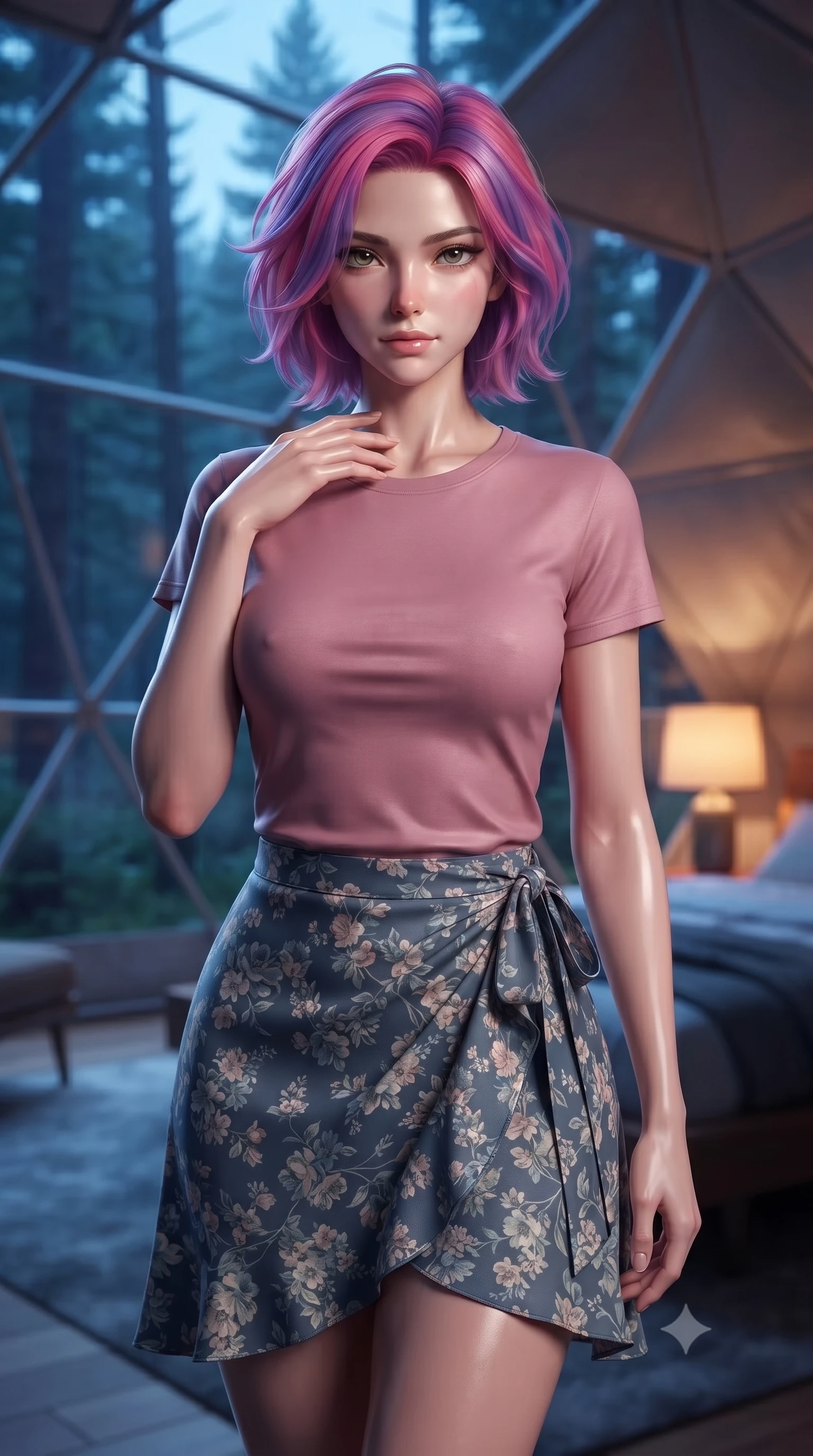 score_9, masterpiece, best quality, ultra-detailed, high-budget anime keyframe, editorial fashion photography, tasteful artistic composition, Caucasian woman. close-up cowboy shot from the waist and thighs up, the character dominates the composition, filling the frame with her large presence, background elements kept in soft focus. standing with one hand resting on her collarbone, looking at the viewer with bedroom-eyes the background shows a soft-focus the interior of a modern geodesic dome tent with panoramic views of a pine forest. She has an exceptionally elegant, slender, and willowy female figure with an ultra-slim waist, a gracefully sculpted slender torso, and a refined silhouette. sharp v-shaped jawline, high-bridge nose, intricate jewel-like eyes with depth, thick eyelashes, glossy lips with a natural sheen. wearing a slim-fit simple crewneck t-shirt in dusty pink paired with a floral print wrap skirt. cool blue twilight sky glow contrasting with the warm amber glow of a bedside lamp. ultra-reflective glossy finish, specular highlights, metallic sheen, high-contrast stereoscopic depth, volumetric dynamic lighting, 2k, ultra detail, master piece, 9:16 ratio