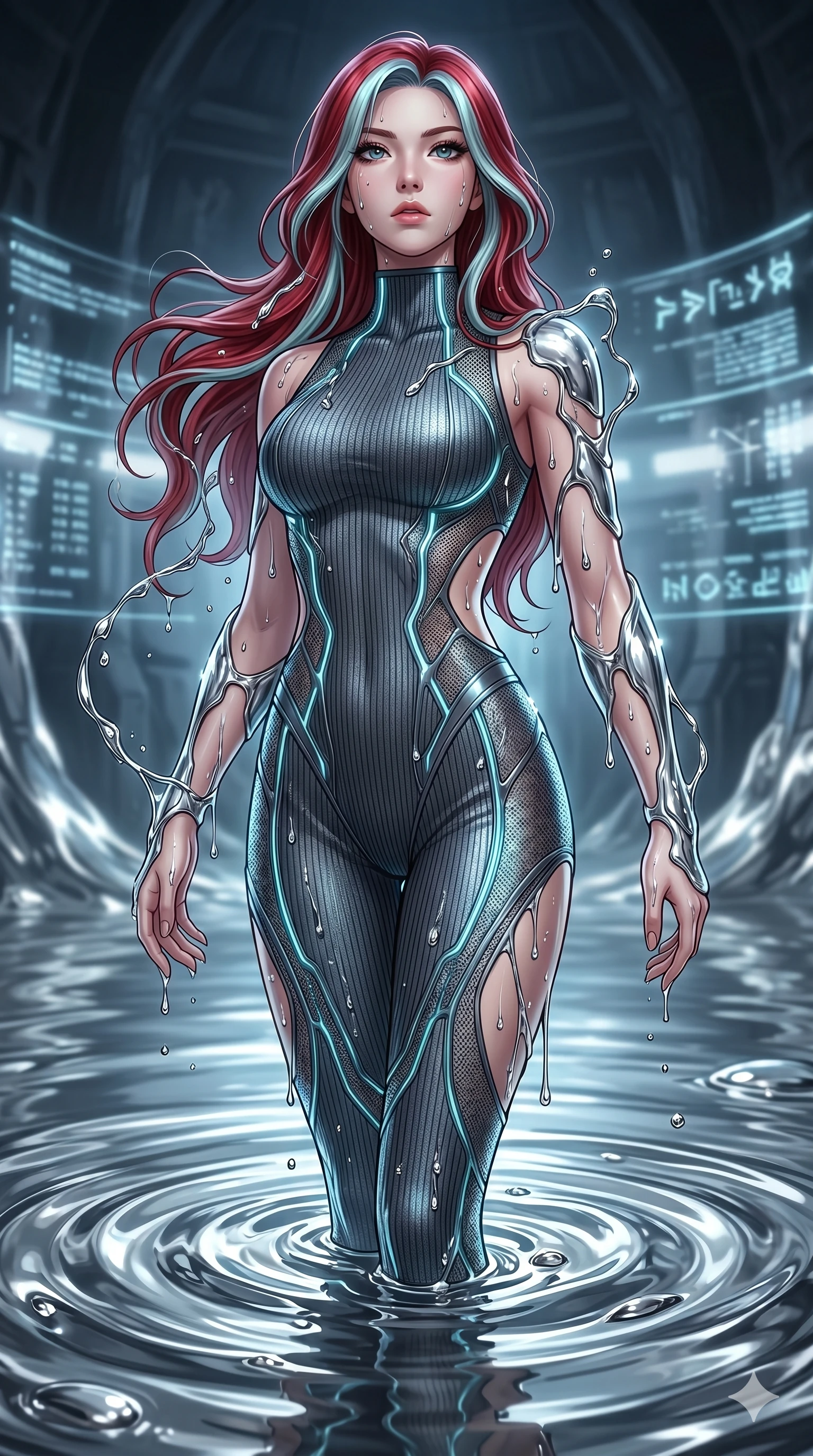score_9, masterpiece, best quality, ultra-detailed, High-budget Anime Keyframe, East Asian woman. Dynamic full-body shot stretching the vertical silhouette to the limit. Scenario 114: Rising from a pool of mercury-like liquid, droplets rolling off her skin. Her presence is magnetic and overpowering in this high-budget anime scene. Outfit 114: A ribbed bodycon knit micro-mesh with a strategic side cut-outs and glowing LED seams. The clothing is designed to emphasize her exceptionally tall and slender 8-heads proportion. 8-heads proportion, towering silhouette, ultra-slim waist. sharp v-shaped jawline, intricate jewel-like eyes with depth, thick eyelashes, glossy lips. 2k, ultra detail, master piece, 9:16 ratio