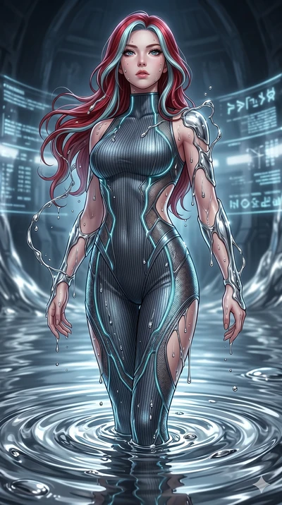 score_9, masterpiece, best quality, ultra-detailed, High-budget Anime Keyframe, East Asian woman. Dynamic full-body shot stretching the vertical silhouette to the limit. Scenario 114: Rising from a pool of mercury-like liquid, droplets rolling off he