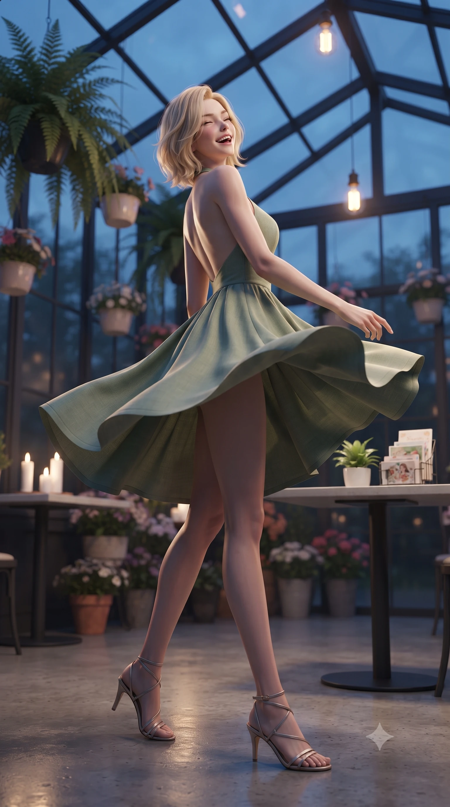 score_9, masterpiece, best quality, ultra-detailed, high-budget anime keyframe, editorial fashion photography, tasteful artistic composition, Caucasian woman. low angle full-body shot from head to toe showing her feet, filling the entire 9:16 vertical frame with her statuesque presence, stretching her vertical silhouette. twirling around with a playful, cute laugh, her skirt billowing beautifully in the air set against a soft-focus background of in a quiet glass-roofed sunroom cafe filled with hanging ferns and flower pots with a small green plant and a stack of cute design postcards on the table. She has an absolutely perfect, statuesque 8.5-heads proportion, an exceptionally tall and slender model-like female figure with impossibly long slender legs and an ultra-slim waist. sharp v-shaped jawline, high-bridge nose, intricate jewel-like eyes with depth, thick eyelashes, glossy lips with a natural sheen. wearing tailored backless linen halter dress in sage green, showing her elegant shoulder lines. soft candle glow and warm pendant lights clashing with the cool blue dusk sky. ultra-reflective glossy finish, specular highlights, metallic sheen, high-contrast stereoscopic depth, volumetric dynamic lighting, 2k, ultra detail, master piece, 9:16 ratio