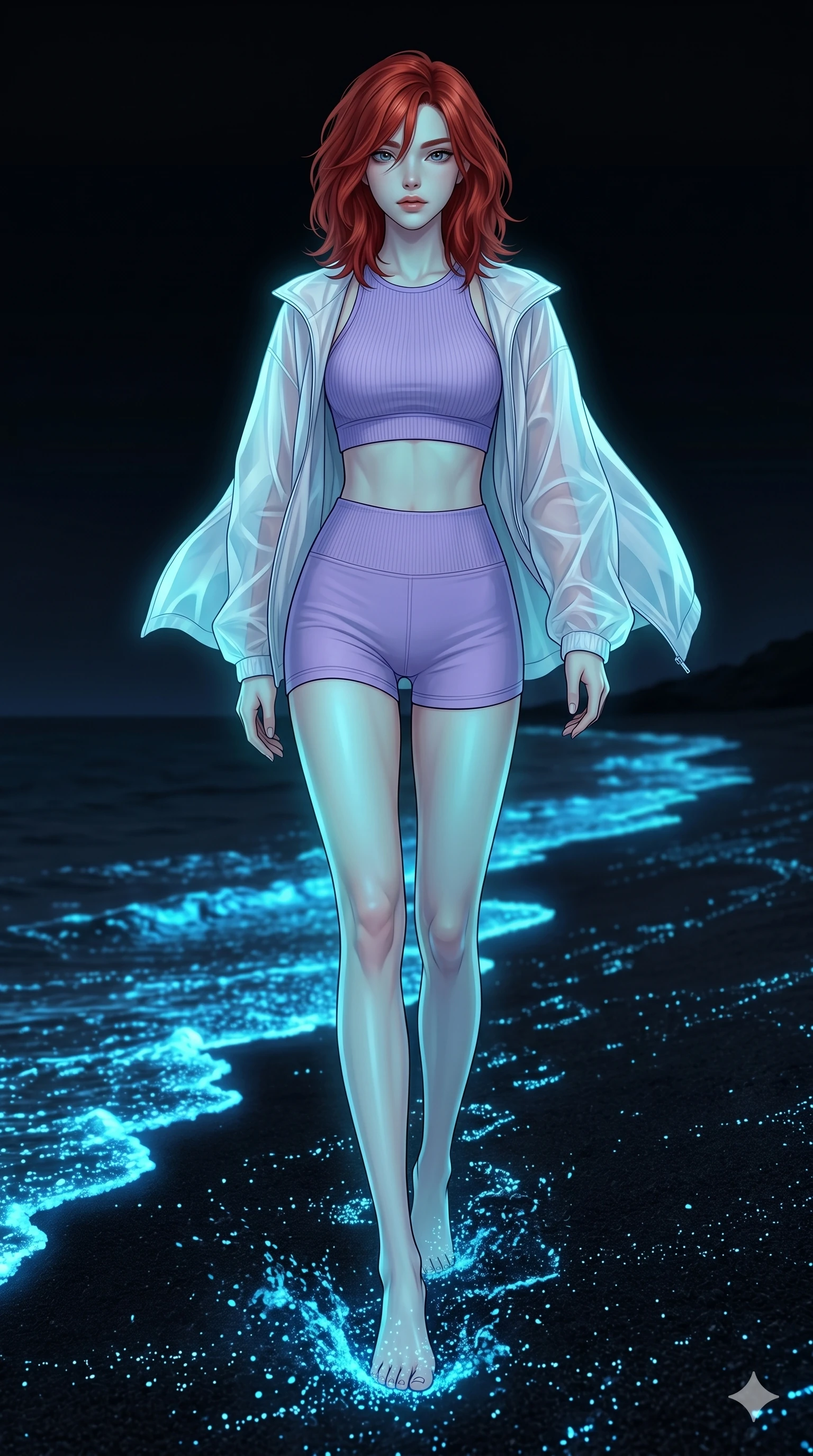 score_9, masterpiece, best quality, ultra-detailed, high-budget anime keyframe, editorial fashion photography, tasteful artistic composition, Korean woman. low angle full-body shot from head to toe showing her feet, filling the entire 9:16 vertical frame with her statuesque presence, stretching her vertical silhouette. Striding confidently forward with elongated powerful stride on a beach of black volcanic sand with glowing blue algae lining the shoreline. She has an absolutely perfect 8-heads proportion, an exceptionally tall and slender female figure with impossibly long slender legs and an ultra-slim waist. V-shaped jawline, high-bridge nose, intricate jewel-like eyes with depth, thick eyelashes, glossy lips with a natural sheen. wearing a high-neck ribbed sports bra in lavender, paired with matching high-waist shorts under an oversized translucent white windbreaker jacket. illuminated by soft aqua bioluminescent light that makes her skin luminously glow against the dark. 2k, ultra detail, master piece, 9:16 ratio