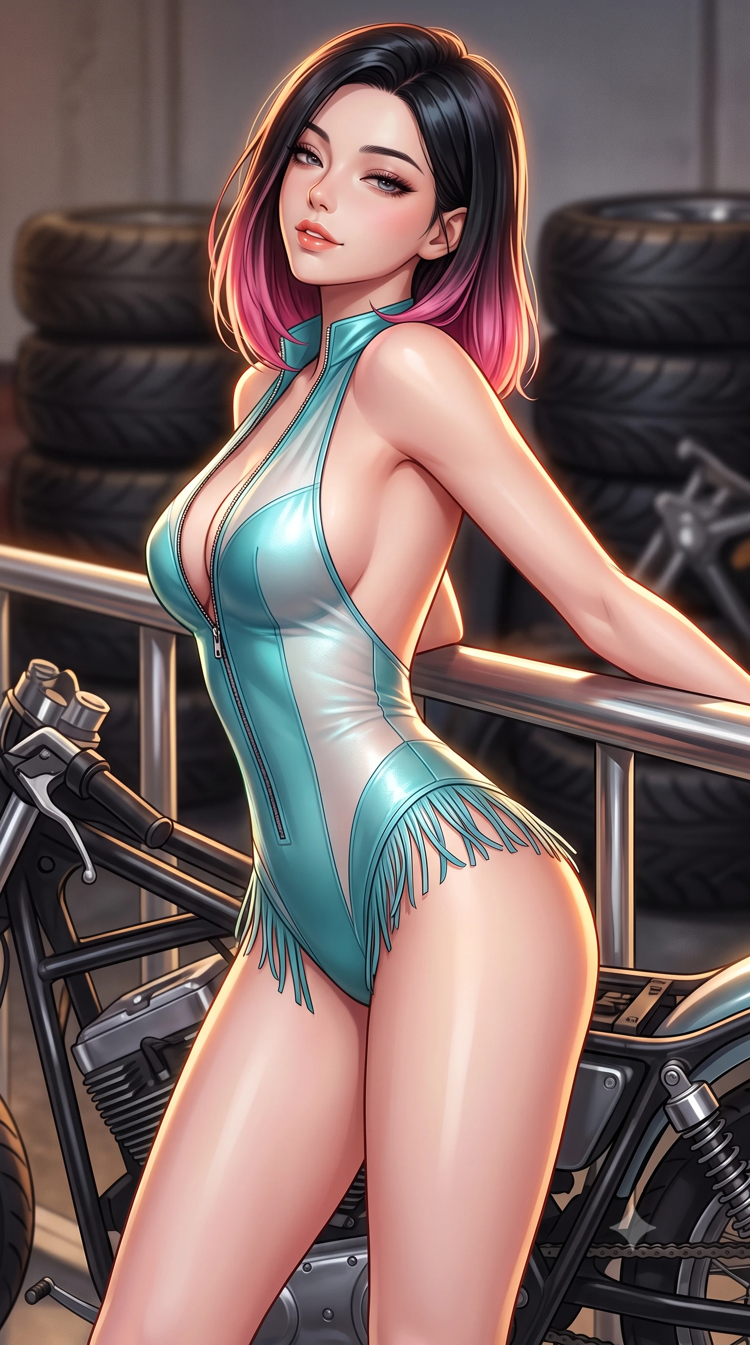 score_9, masterpiece, best quality, ultra-detailed, high-budget anime keyframe, semi-realistic 3D game render, editorial fashion photography, tasteful artistic composition, Korean woman. close-up cowboy shot from the waist and thighs up, the character dominates the composition, filling the frame with her large presence. leaning back against the balustrade with relaxed seductive grace, head tilted back slightly while casting a hypnotic, heavy-lidded gaze while standing poised between disassembled motorcycle frames with hips cocked back, looking over a bare shoulder with an irresistible bedroom-smile. The background shows a soft-focus motorcycle tire stacks softened in gritty mechanical shallow focus. She has an exceptionally elegant, slender, and willowy female figure with an ultra-slim waist, flat toned midriff, narrow ribcage, and sculpted feminine hips creating an alluring, slim hourglass silhouette without bulk. sharp v-shaped jawline, high-bridge nose, sparkling eyes with hypnotic seductive depth, thick curled eyelashes, glossy parted lips with a natural dewy peach sheen, alluring bedroom-eyes with an enchanting coquettish smile, exuding magnetic siren charisma and sophisticated glamour, flawlessly proportioned anatomical accuracy, strict slender model proportions, natural body alignment, perfectly sculpted long slender limbs, ultra-slim waistline, clean dynamic posture without body distortion. wearing a backless plunge-front second-skin leatherette biker jumpsuit with zip front and high-cut leg openings in shimmering turquoise aqua and pure pearl alabaster, made of semi-opaque stretch illusion mesh with soft shadowy contours, finished with a delicate leather fringe trim fluttering along her hip line with kinetic charm, the second-skin tailored fabric adhering flawlessly to her sculpted flat midriff and slender torso, emphasizing her long leg lines and perfectly proportioned willowy build. illuminated by chrome tool reflections and sharp warm-amber rim lights sculpting her jawline, narrow waist, and curvy hips. highly saturated vibrant anime colors, detailed shading with soft gradients, rich glossy textures, high-contrast stereoscopic depth, volumetric dynamic lighting, master piece, 9:16 ratio