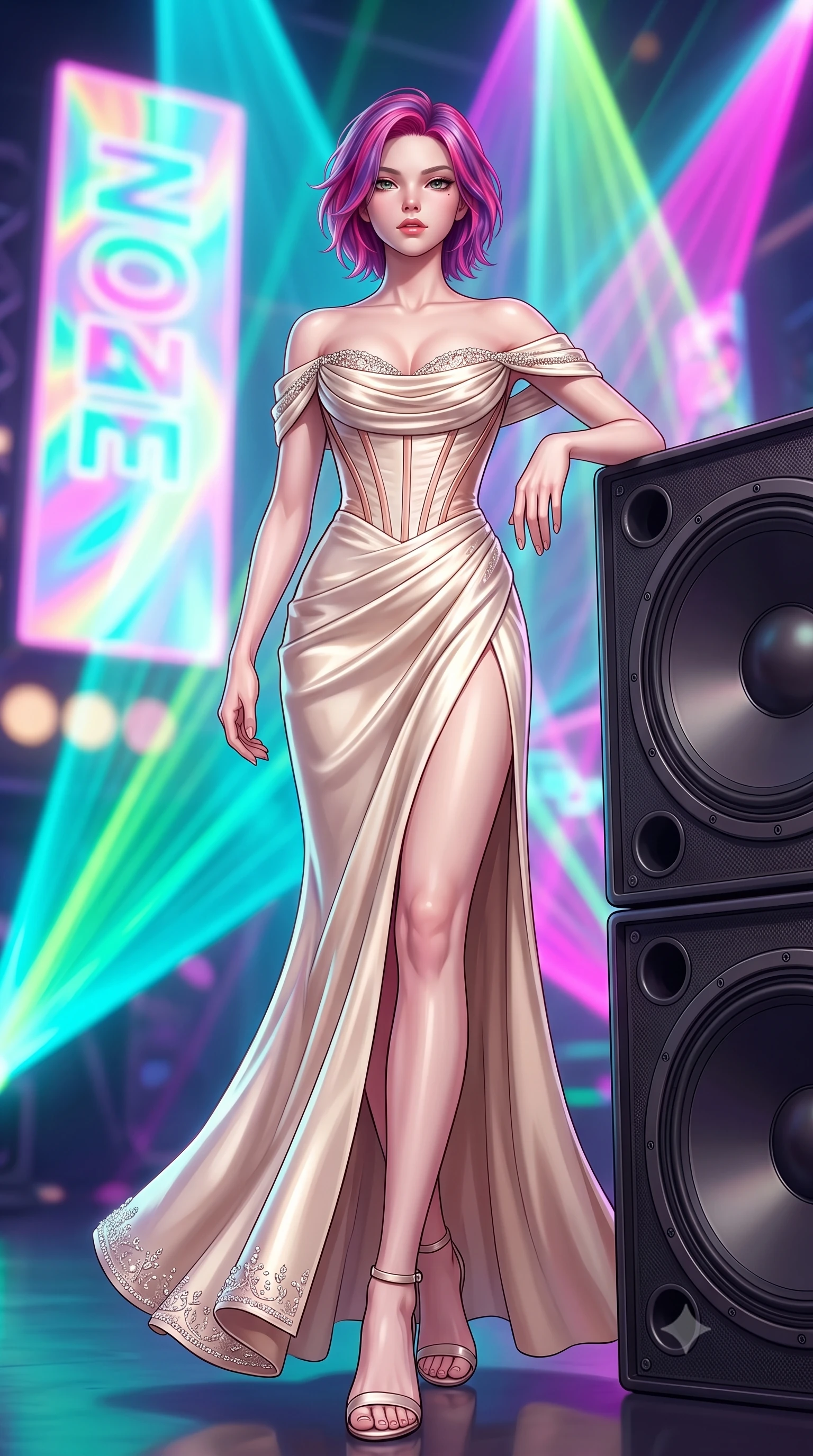 score_9, masterpiece, best quality, ultra-detailed, high-budget anime keyframe, semi-realistic 3D game render, editorial fashion photography, tasteful artistic composition, Caucasian woman. low angle full-body shot from head to toe showing her feet, filling the entire 9:16 vertical frame with her statuesque presence, stretching her vertical silhouette. striding forward in a proud, dynamic supermodel runway stride, her statuesque vertical silhouette commanding the entire frame while leaning against a heavy subwoofer speaker stack with confident Y2K attitude and flawless vertical posture. The composition keeps background elements in soft focus with creamy bokeh. giant holographic neon advertisements and sweeping laser light cones blurred into electric turquoise, lime, and fuchsia bokeh. She has an absolutely perfect, statuesque 8.5-heads proportion, an exceptionally tall and slender model-like female figure with impossibly long slender legs, a toned flat midriff, and an ultra-slim waist. sharp v-shaped jawline, high-bridge nose, intricate jewel-like eyes with depth, thick eyelashes, glossy lips with a natural sheen, captivating and magnetic expression, flawlessly proportioned anatomical accuracy, strict slender model proportions, natural body alignment, perfectly sculpted long slender limbs, ultra-slim waistline, clean dynamic posture without body distortion. wearing a statuesque off-shoulder champagne satin gala dress featuring a thigh-high side slit and draped corset bodice in champagne ivory and rose gold, tailored from ultra-smooth duchess satin with a pearlescent sheen, finished with delicate crystal embroidery along the neckline and hem edition #33, the breezy yet form-flattering drape swaying gracefully with her steps, accentuating her long willowy limbs and slim waistline. surrounded by a vibrant, fearless, and passionately energetic Y2K party queen aura. highly saturated vibrant anime colors, detailed shading with soft gradients, rich glossy textures, high-contrast stereoscopic depth, volumetric dynamic lighting, master piece, 9:16 ratio