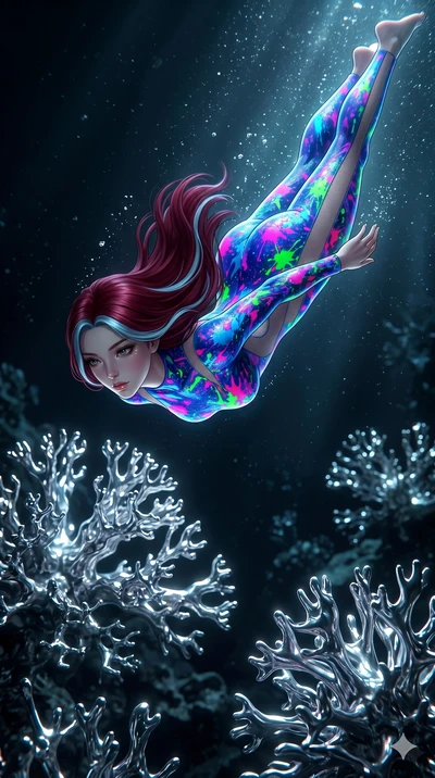 score_9, masterpiece, best quality, ultra-detailed, high-budget anime keyframe, Korean woman. low angle full-body shot filling the entire 9:16 frame with her statuesque presence, stretching the vertical silhouette. diving through a bionic fluid mercu