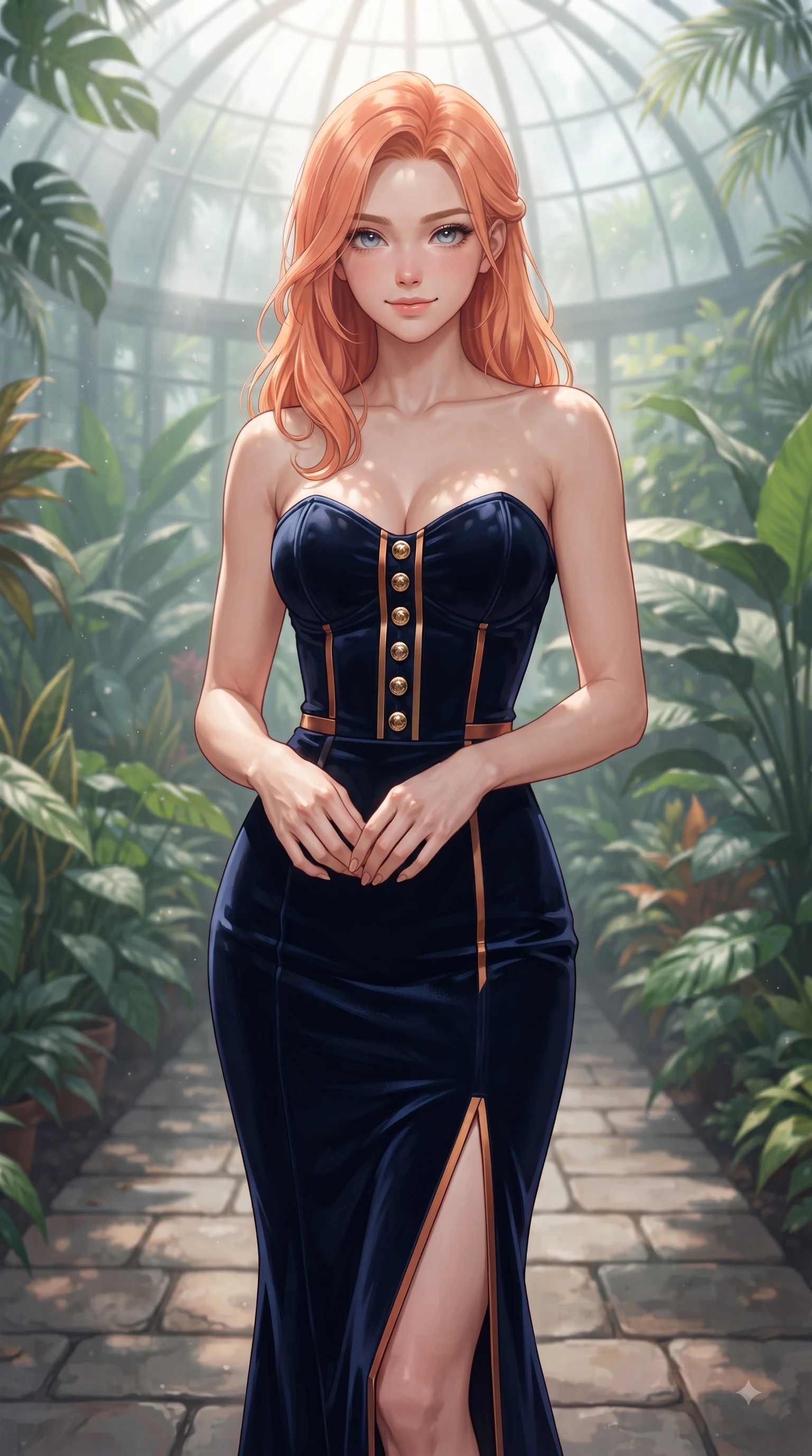 score_9, masterpiece, best quality, ultra-detailed, high-budget anime keyframe, editorial fashion photography, tasteful artistic composition, Japanese woman. close-up cowboy shot from the waist and thighs up, the character dominates the composition, filling the frame with her large presence. Pure innocent expression with clear crystalline eyes, a gentle tender smile, and an airy serene aura while stepping along a stone greenhouse aisle surrounded by vibrant tropical foliage. The composition keeps background elements in soft focus with dreamy bokeh. sunbeams filtering through misty glass dome panes softened in creamy depth of field. She has an exceptionally elegant, slender, and willowy female figure with an ultra-slim waist, a gracefully sculpted slender torso, and a refined silhouette. sharp v-shaped jawline, high-bridge nose, intricate jewel-like eyes with depth, thick eyelashes, glossy lips with a natural sheen, flawlessly proportioned anatomical accuracy, natural body alignment, perfectly sculpted elegant limbs, clean dynamic posture without body distortion. wearing a sleek dark navy velvet bustier gown with a deep slit and metallic accents in burnt orange and warm camel beige, tailored from structured wool crepe with clean lines, finished with gold metallic hardware buttons along the front, the form-contouring material accentuating her ultra-slim waist and long lines. illuminated by fresh botanical ambient glow with organic leaf stencil shadows. ultra-reflective glossy finish, specular highlights, metallic sheen, high-contrast stereoscopic depth, volumetric dynamic lighting, 2k, ultra detail, master piece, 9:16 ratio
