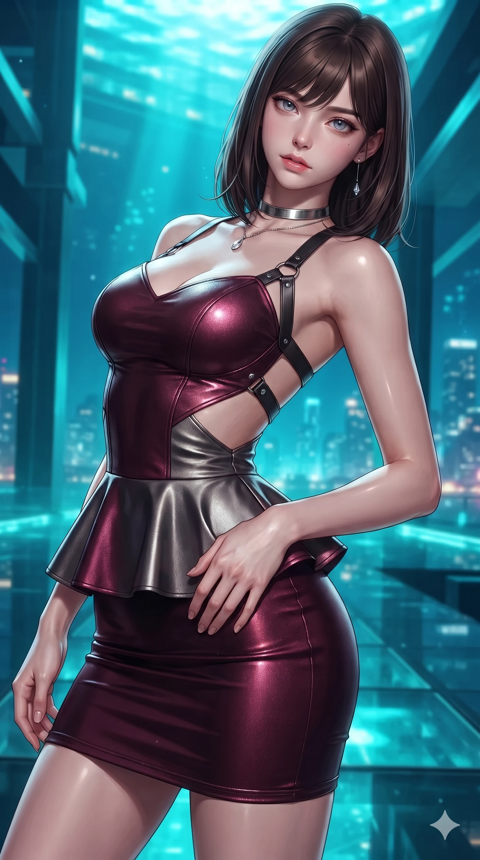 score_9, masterpiece, best quality, ultra-detailed, high-budget anime keyframe, editorial fashion photography, tasteful artistic composition, Korean woman. close-up cowboy shot from the waist and thighs up, the character dominates the composition, filling the frame with her large presence. arching her spine backward with effortless dancer poise, one hand sliding along her hip line as directional light carves specular highlights along her silhouette while twisting her slender torso in an alluring S-curve, turquoise underwater lights and city skyline glows painting sharp highlights along her narrow waist and curvy hips. The surrounding environment is rendered in vivid detail and crisp panoramic clarity: detailed mermaid gown tailoring, open-back leather harness straps, and monumental aquatic architecture in razor-sharp clarity. She has an exceptionally elegant, slender, and willowy female figure with an ultra-slim waist, flat toned midriff, narrow ribcage, and sculpted feminine hips creating an alluring, slim hourglass silhouette without bulk. sharp v-shaped jawline, high-bridge nose, intricate jewel-like sparkling eyes with depth, thick eyelashes, glossy parted lips with a natural sheen, intensely captivating and seductive bedroom-eyes expression, exuding both youthful cute charm and sovereign luxury allure, flawlessly proportioned anatomical accuracy, strict slender model proportions, natural body alignment, perfectly sculpted long slender limbs, ultra-slim waistline, clean dynamic posture without body distortion. wearing a modern peplum corset dress with side-waist diamond cutouts and an ultra-tight silhouette in deep wine burgundy and brushed dark platinum, crafted from luxurious metallic lamé that shifts radiance with every step, finished with a minimalist chrome choker and a single teardrop diamond pendant, the glove-like clinging cut tightly following the natural contour of her hips and long slender legs with youthful 8.5-heads elegance. illuminated by glass floor bounce and sharp turquoise-platinum rim lights defining her razor-sharp jawline, narrow waist, and curvy hips. ultra-reflective glossy finish, specular highlights, rich textural contrasts, high-contrast stereoscopic depth, volumetric dynamic lighting, 2k, ultra detail, master piece, 9:16 ratio