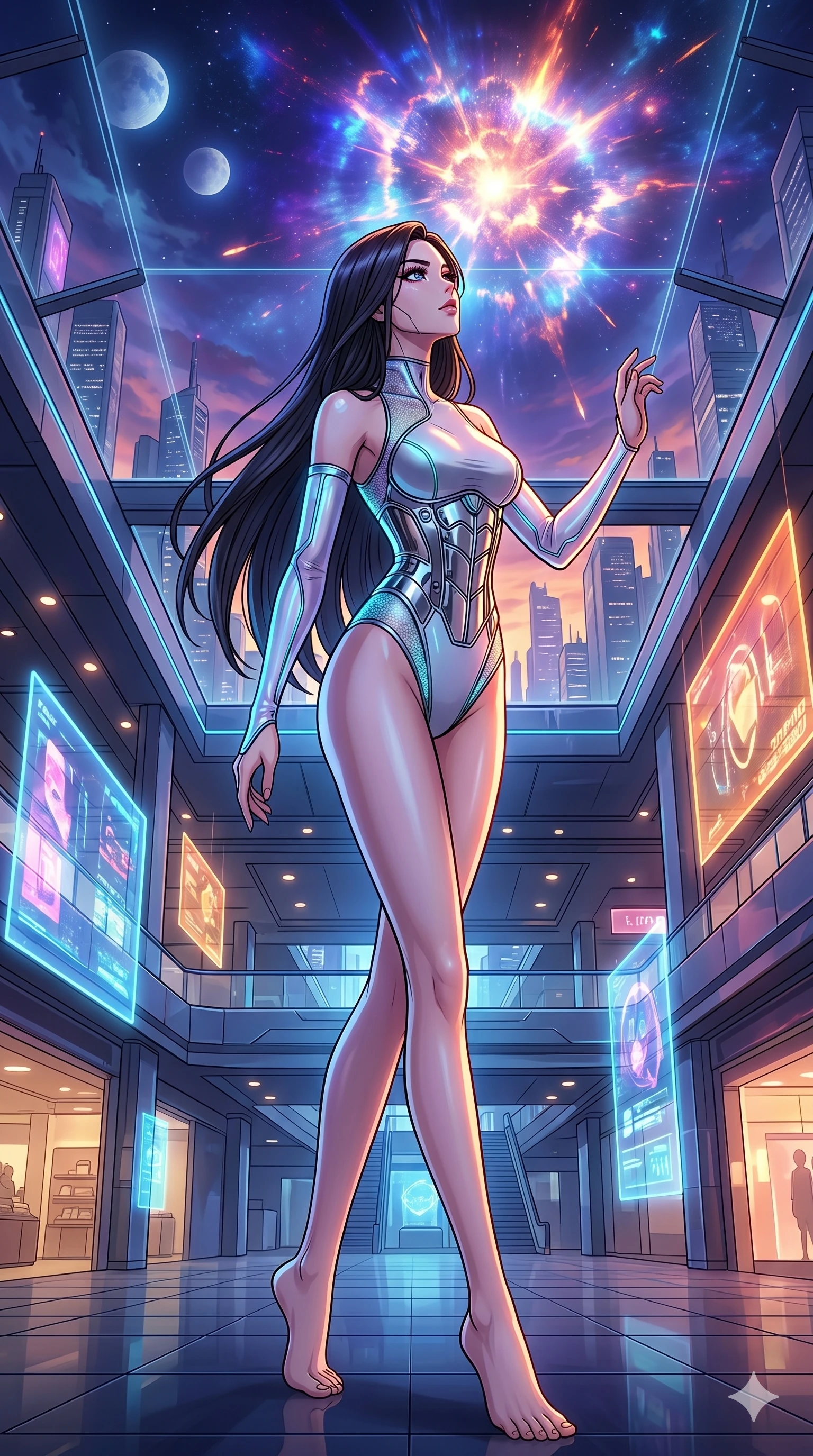 score_9, masterpiece, best quality, ultra-detailed, high-budget anime movie keyframe, cinematic anime lighting, intricate line art, Japanese woman. Dynamic full-body shot stretching the vertical silhouette across the 9:16 frame. observing a supernova in a holographic shopping mall under a twin-moon sky. She has an absolutely perfect 8-heads proportion, an exceptionally tall and slender female figure with an ultra-slim waist and impossibly long slender legs. sharp v-shaped jawline, high-bridge nose, intricate jewel-like eyes, thick eyelashes, glossy lips. Wearing asymmetrical high-cut tech-bodysuit with detached glowing sleeves, chrome-plated mechanical corset, and bioluminescent mesh panels clinging to her slender figure. The scene is illuminated by dramatic atmospheric lighting and vibrant color palettes. , 2k, ultra detail, master piece, 9:16 ratio
