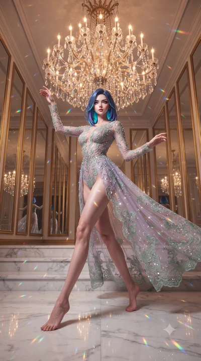 score_9, masterpiece, best quality, ultra-detailed, high-budget anime keyframe, editorial fashion photography, tasteful artistic composition, Caucasian woman, strictly human ears. low angle full-body shot from head to toe showing her feet, filling th
