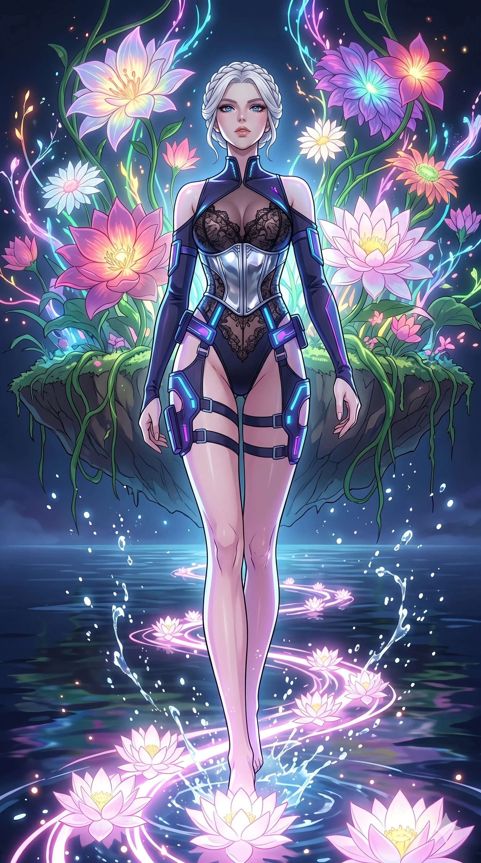score_9, masterpiece, best quality, ultra-detailed, High-budget Anime Keyframe, vibrant colors, fluid line-art, expressive lighting, cinematic composition, Ufotable-style visual effects, top-tier animation quality, Caucasian woman with pale skin and refined features. Low angle cowboy shot filling the entire 9:16 frame with her statuesque presence, looking up to emphasize her height. Creating a path of glowing lotus flowers with every step across a dark lake. She has an absolutely perfect 8-heads proportion, an exceptionally tall and slender female figure with impossibly long slender legs and an ultra-slim waist, her statuesque height and towering silhouette dominating the vertical 9:16 frame. Her face is a masterpiece featuring a sharp v-shaped jawline, high-bridge nose, intricate jewel-like eyes with depth, thick eyelashes, and glossy lips with a natural sheen. She is wearing a Asymmetrical high-cut tech-bodysuit with detached sleeves, chrome-plated corset over sheer lace, and neon-lit tactical gear with suggestive cutouts.. The scene is set in a floating island covered in giant glowing flowers and vines of pure energy. 2k, ultra detail, master piece, 9:16 ratio