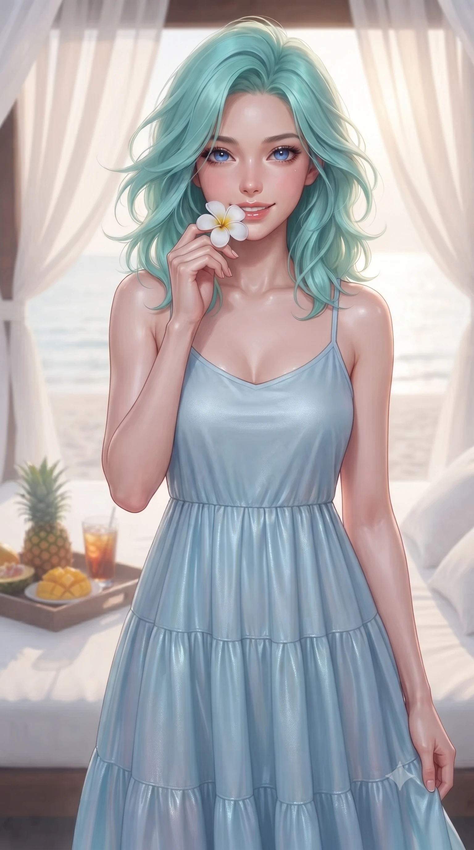 score_9, masterpiece, best quality, ultra-detailed, high-budget anime keyframe, editorial fashion photography, tasteful artistic composition, Japanese woman. close-up cowboy shot from the waist and thighs up, the character dominates the composition, filling the frame with her large presence, background elements kept in soft focus. holding a delicate flower near her lips, smiling with magnetic self-assurance and glowing eyes set against a soft-focus background of at a resort beach cabana with white cotton drapes fluttering in the wind with a small pool tray floating on the water with tropical snacks. She has an exceptionally elegant, slender, and willowy female figure with an ultra-slim waist, a gracefully sculpted slender torso, and a refined silhouette. sharp v-shaped jawline, high-bridge nose, intricate jewel-like eyes with depth, thick eyelashes, glossy lips with a natural sheen. wearing slim-fit lovely tiered maxi dress in baby blue, featuring a relaxed silhouette. soft morning mist diffusing the warm sunlight, creating a peaceful wash. ultra-reflective glossy finish, specular highlights, metallic sheen, high-contrast stereoscopic depth, volumetric dynamic lighting, 2k, ultra detail, master piece, 9:16 ratio