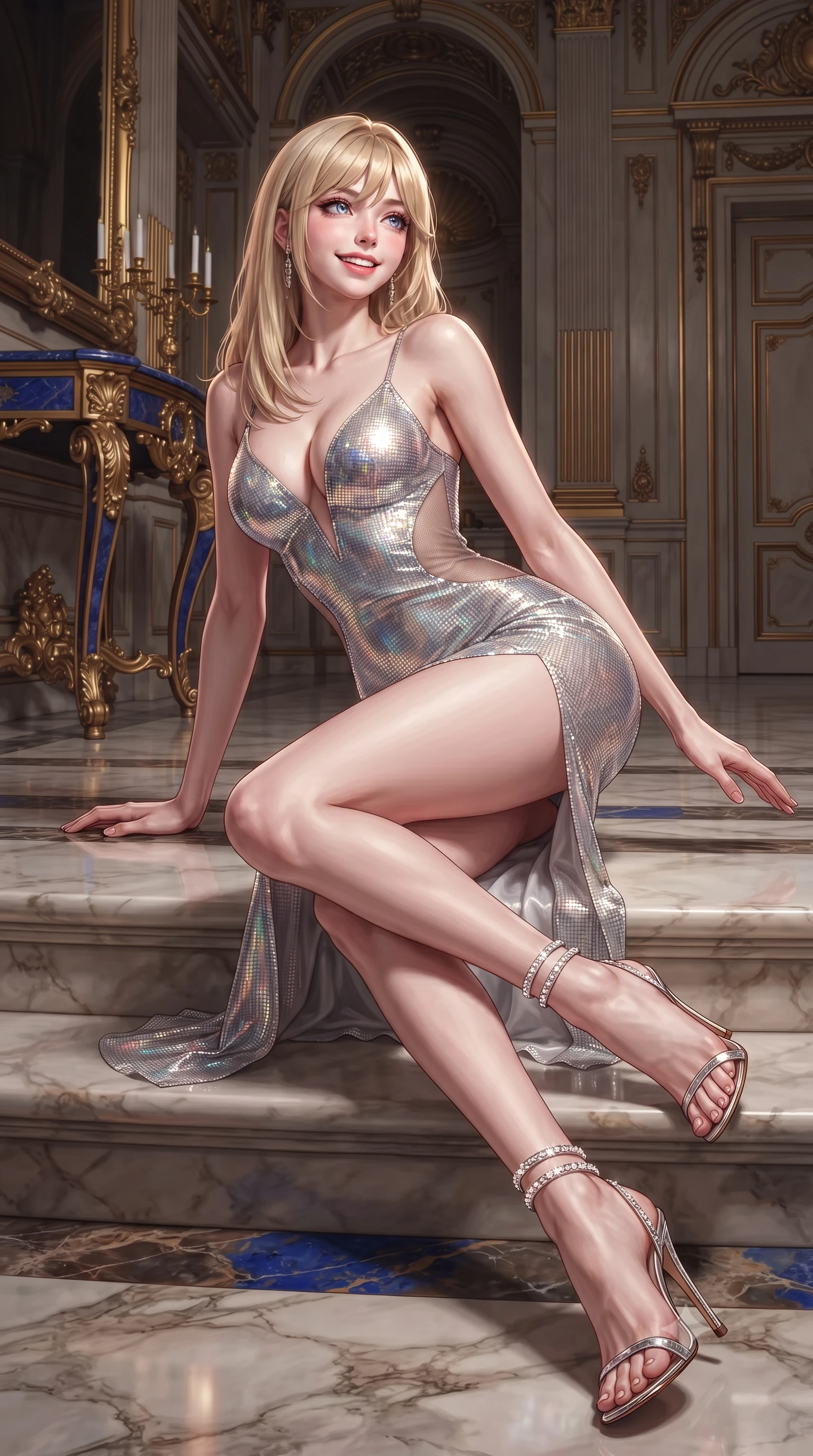 score_9, masterpiece, best quality, ultra-detailed, high-budget anime keyframe, editorial fashion photography, tasteful artistic composition, Japanese woman. low angle full-body shot from head to toe showing her feet, filling the entire 9:16 vertical frame with her statuesque presence, stretching her vertical silhouette. sitting poised on the stone steps with one knee bent, arching her spine with supermodel elegance as she glances upward through thick eyelashes while lounging in the carved gilded Medici armchair propped on one elbow with legs extended, displaying her long slender limbs and statuesque hourglass silhouette. The surrounding environment is rendered in vivid detail and crisp panoramic clarity: sharp hand-carved gilded frame acanthus scrollwork, pietre dure lapis lazuli table inlays, and polished marble floor veining in deep focus. She has an exceptionally tall and slender model-like 8.5-heads proportion, an ultra-slim waist, a flat toned midriff, narrow delicate ribcage, and beautifully sculpted feminine hips creating a graceful, slim hourglass silhouette without any bulky heaviness, with impossibly long slender legs. sharp v-shaped jawline, high-bridge nose, intricate jewel-like sparkling eyes with depth, thick eyelashes, glossy parted lips with a natural peach sheen, bright cheerful beaming smile with an enchanting and coquettish sensual glint, exuding both youthful cute charm and seductive allure, flawlessly proportioned anatomical accuracy, strict slender model proportions, natural body alignment, perfectly sculpted long slender limbs, ultra-slim waistline, clean dynamic posture without body distortion. wearing an alluring plunging sweetheart bustier dress with sheer mesh side-waist cutouts contouring her ribs in liquid molten silver and iridescent mother-of-pearl, crafted from stretch micro-mesh with liquid foil coating that shimmers with every movement, complemented by strappy stiletto sandals with crystal ankle wraps accentuating her slender calves, the second-skin tailored fabric adhering flawlessly to her sculpted flat midriff and slender torso, emphasizing her long leg lines and perfectly proportioned willowy build. illuminated by marble floor reflection bounce and sharp rose-gold rim lights defining her dewy collarbones, ultra-slim waist, and curvy hips. ultra-reflective glossy finish, specular highlights, rich textural contrasts, high-contrast stereoscopic depth, volumetric dynamic lighting, 2k, ultra detail, master piece, 9:16 ratio